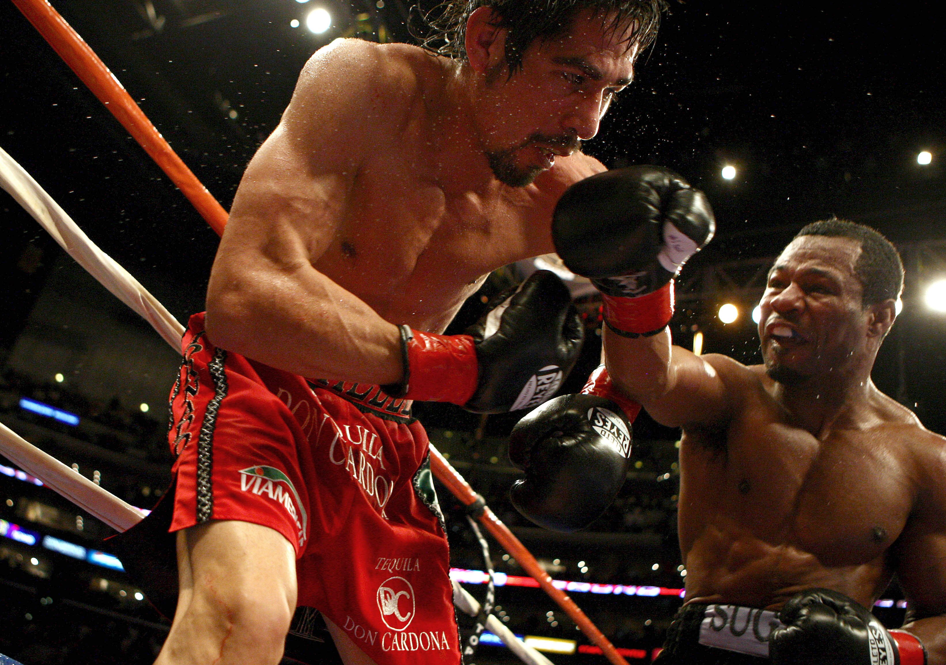 LOS ANGELES - JANUARY 24:   Shane Mosley lands a punch on Antonio Margarito en route to his TKO in the ninth round after Margarito's corner threw in the towel during their WBA welterweight title fight on January 24, 2009 at the Staples Center in Los Angel