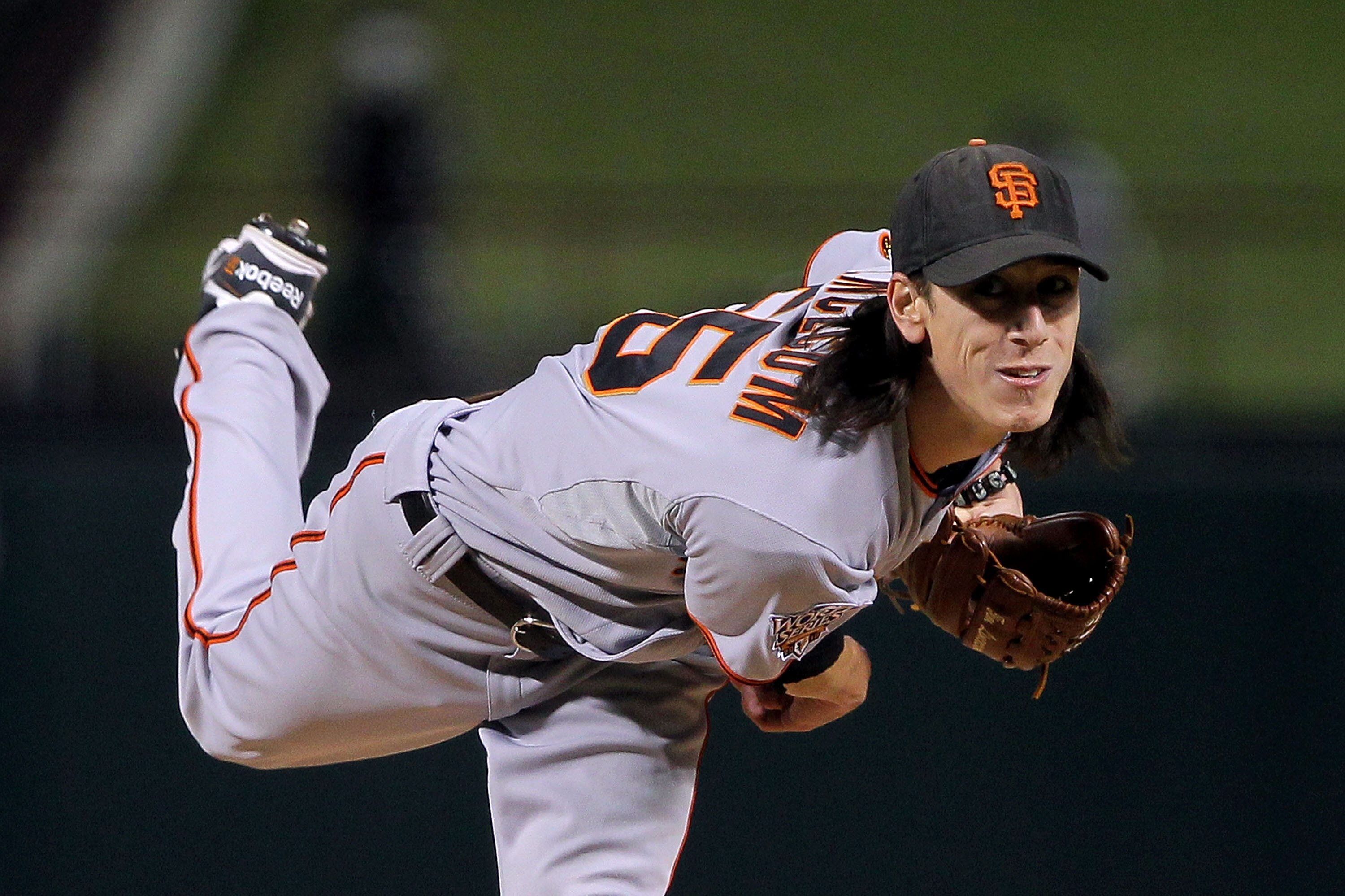 ARLINGTON, TX - NOVEMBER 01:  Starting pitcher Tim Lincecum #55 of the San Francisco Giants pitches against the Texas Rangers in Game Five of the 2010 MLB World Series at Rangers Ballpark in Arlington on November 1, 2010 in Arlington, Texas.  (Photo by Do