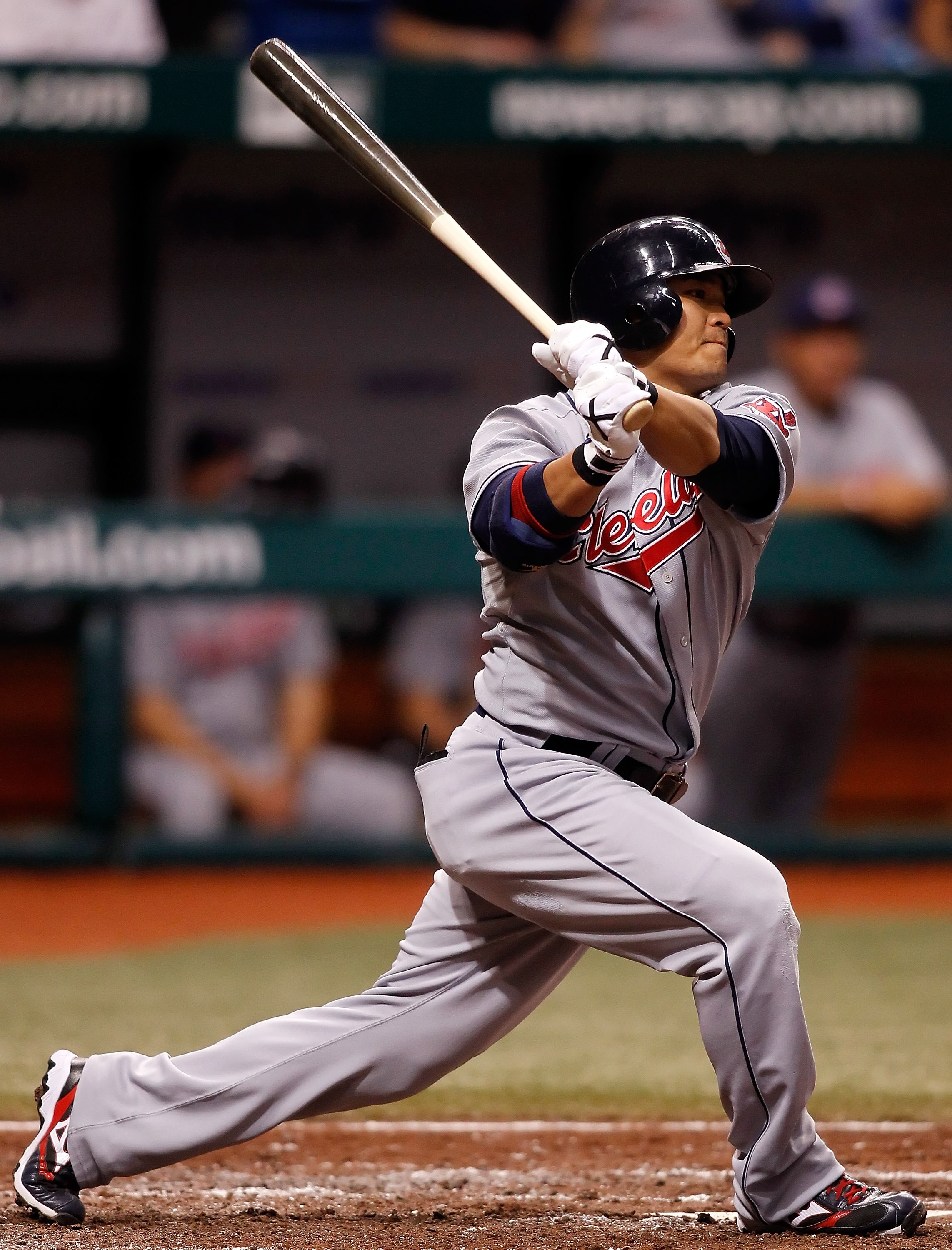 ST PETERSBURG, FL - MAY 17:  Outfielder Shin-Soo Choo #17 of the Cleveland Indians fouls off a pitch against the Tampa Bay Rays during the game at Tropicana Field on May 17, 2010 in St. Petersburg, Florida.  (Photo by J. Meric/Getty Images)