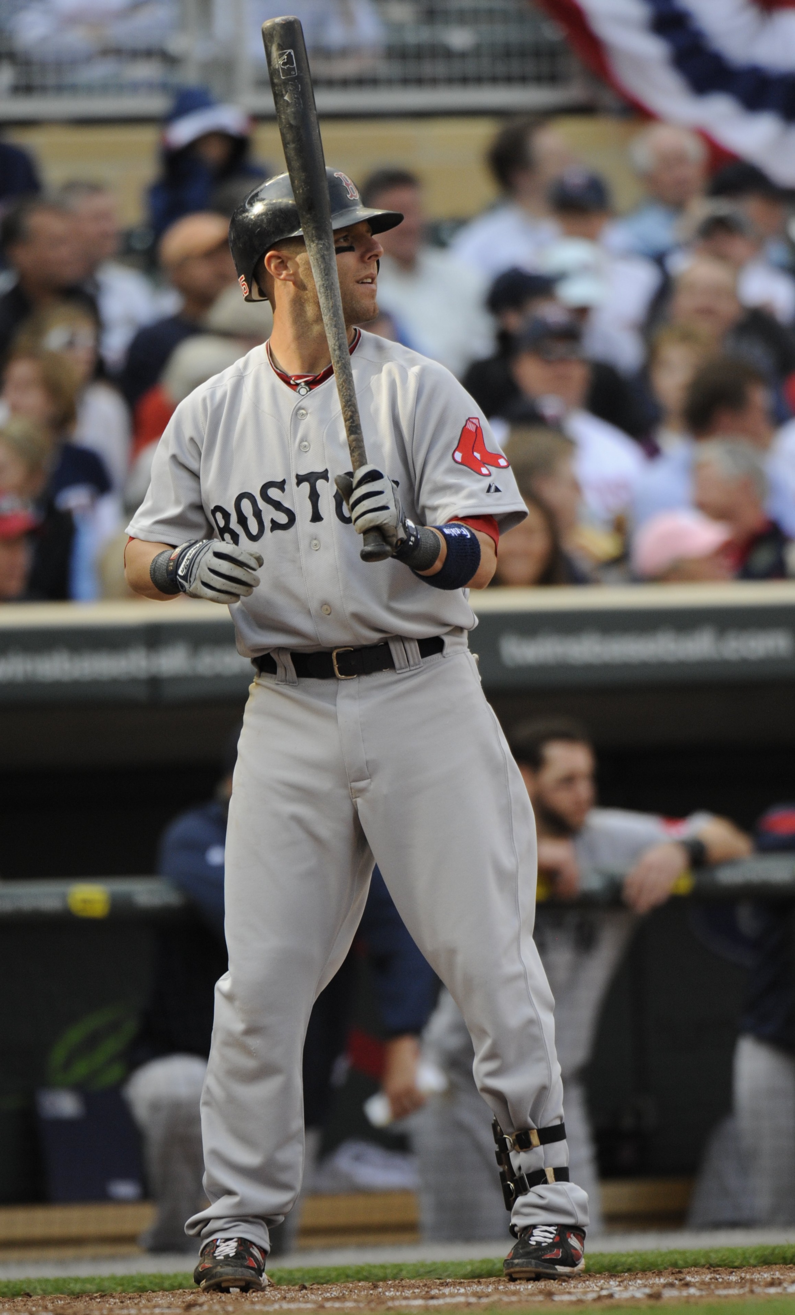 MINNEAPOLIS, MN - APRIL 12: Dustin Pedroia #15 of the Boston Red Sox steps up to bat in the sixth inning against the Minnesota Twins during the Twins home opener at Target Field on April 12, 2010 in Minneapolis, Minnesota. (Photo by Hannah Foslien /Getty