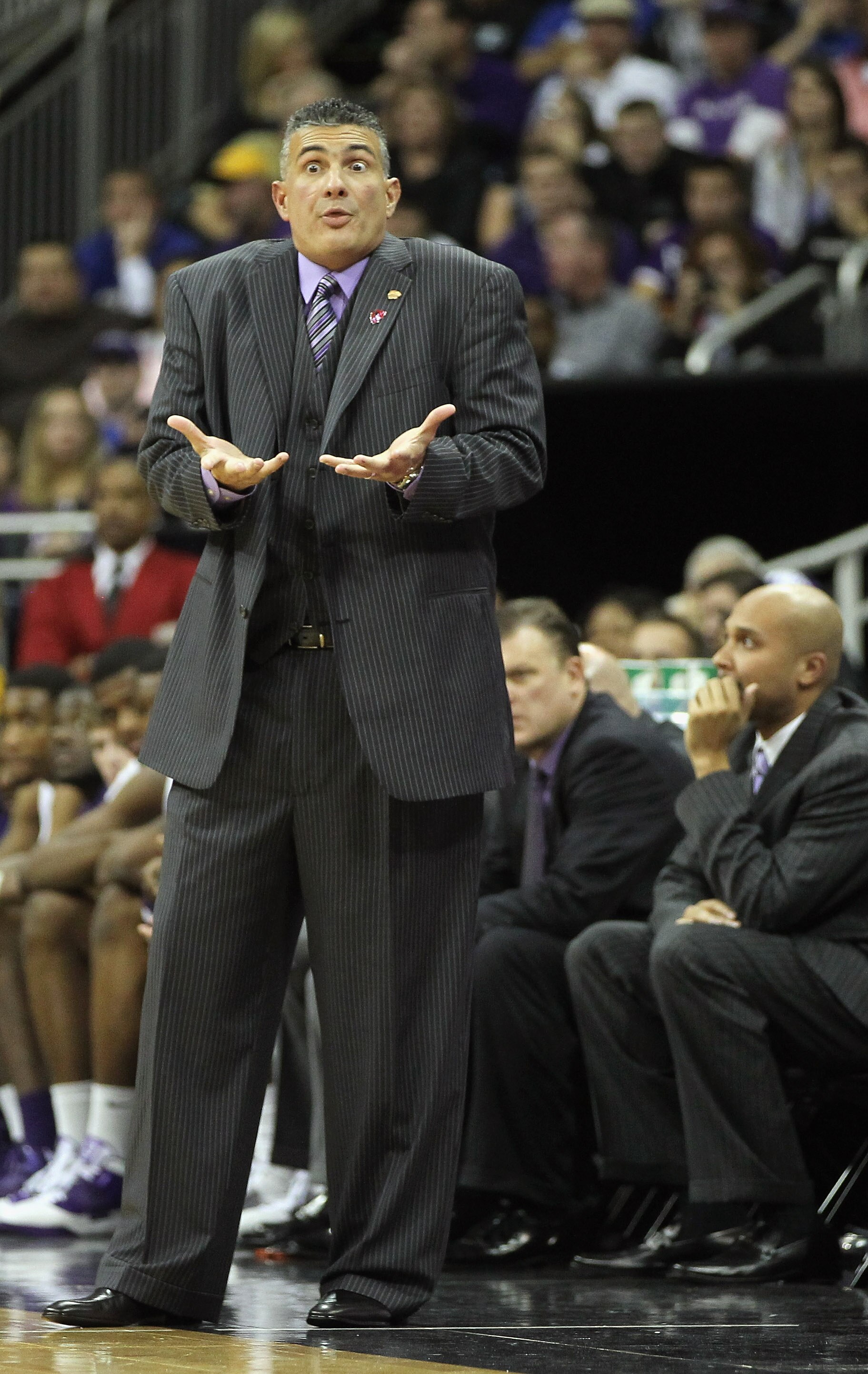 KANSAS CITY, MO - NOVEMBER 23:  Head coach Frank Martin of the Kansas State Wildcats reacts from the bench during the CBE Classic championship game against the Duke Blue Devils on November 23, 2010 at the Sprint Center in Kansas City, Missouri.  (Photo by