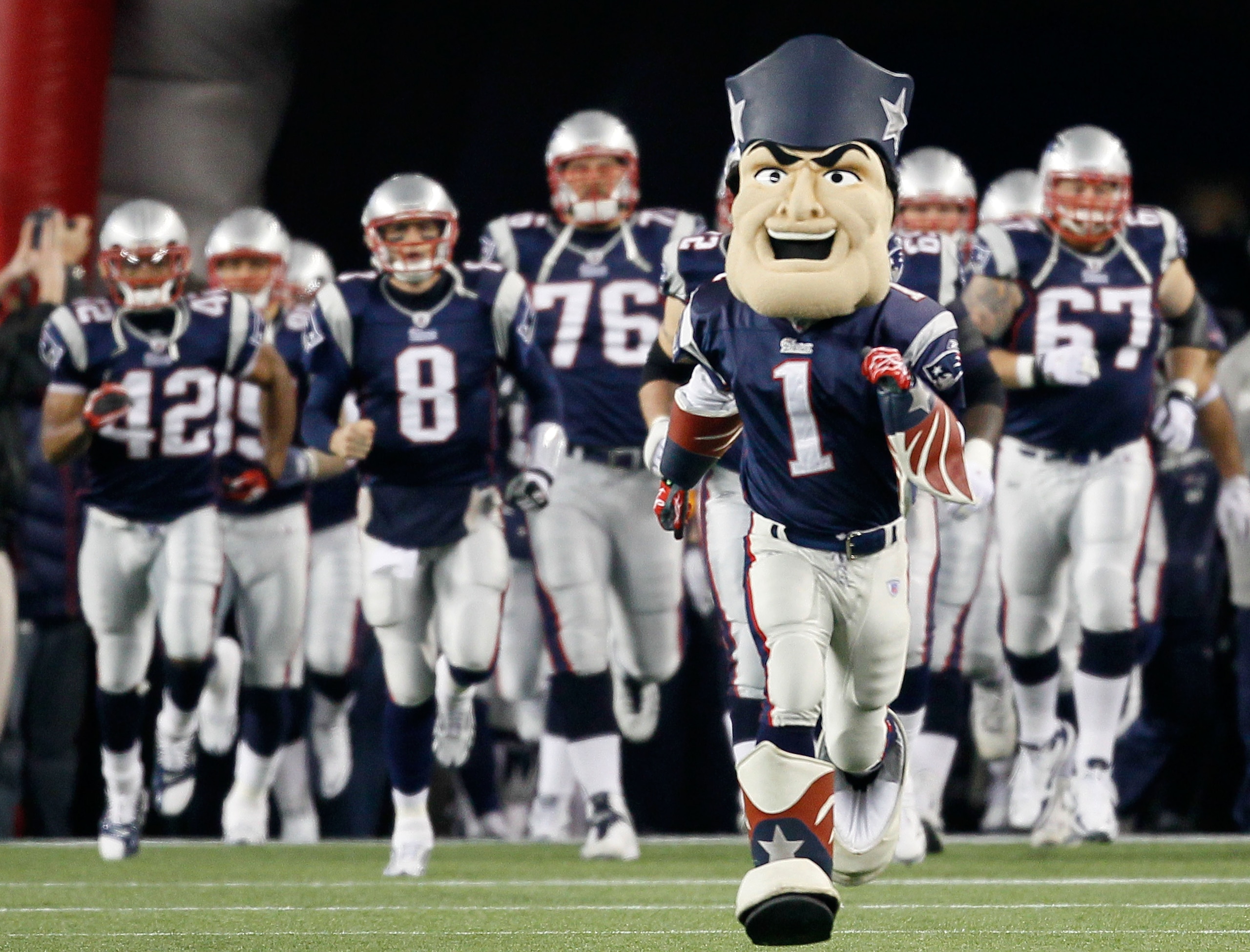 FOXBORO, MA - DECEMBER 19:  The mascot for the New England Patriots leads the team onto the feild before the game against the Green Bay Packers at Gillette Stadium on December 19, 2010 in Foxboro, Massachusetts. The Patriots won the game 31-27.  (Photo by