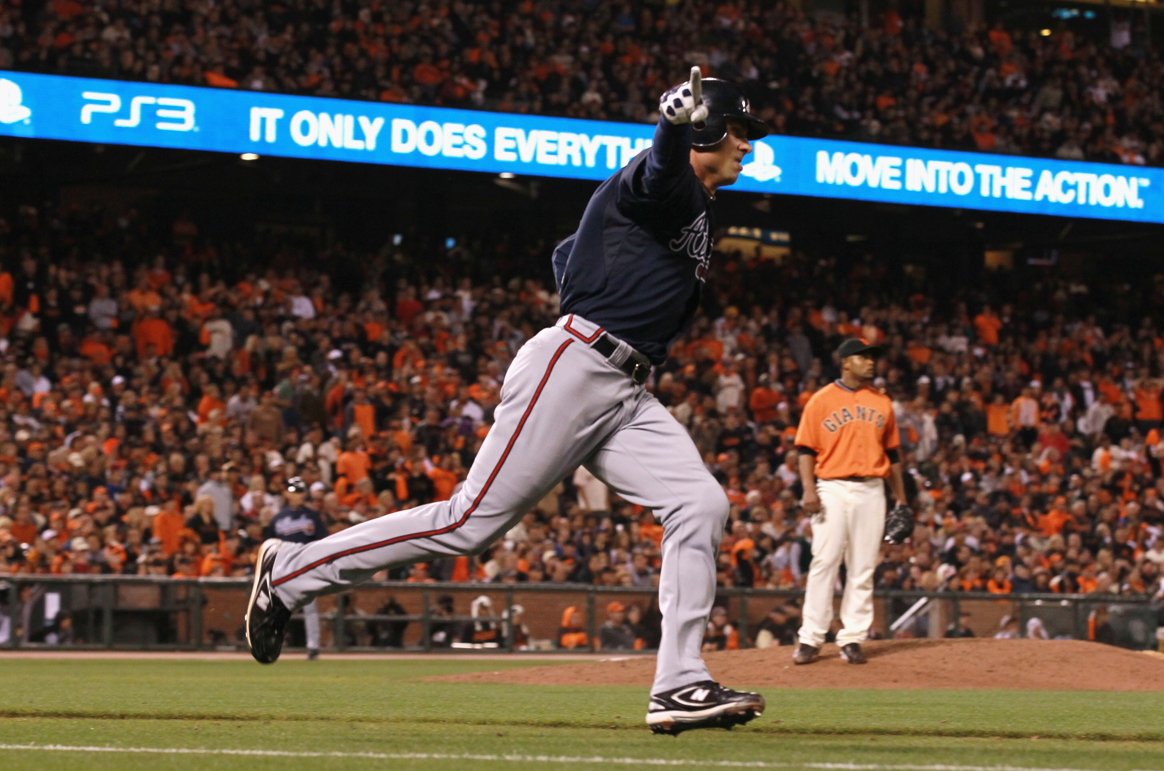 SAN FRANCISCO - OCTOBER 08:  Rick Ankiel #28 of the Atlanta Braves celebrates after hitting a solo home run in the tenth inning of the National League Division Series with the San Francisco Giants at AT&T Park on October 8, 2010 in San Francisco, Californ