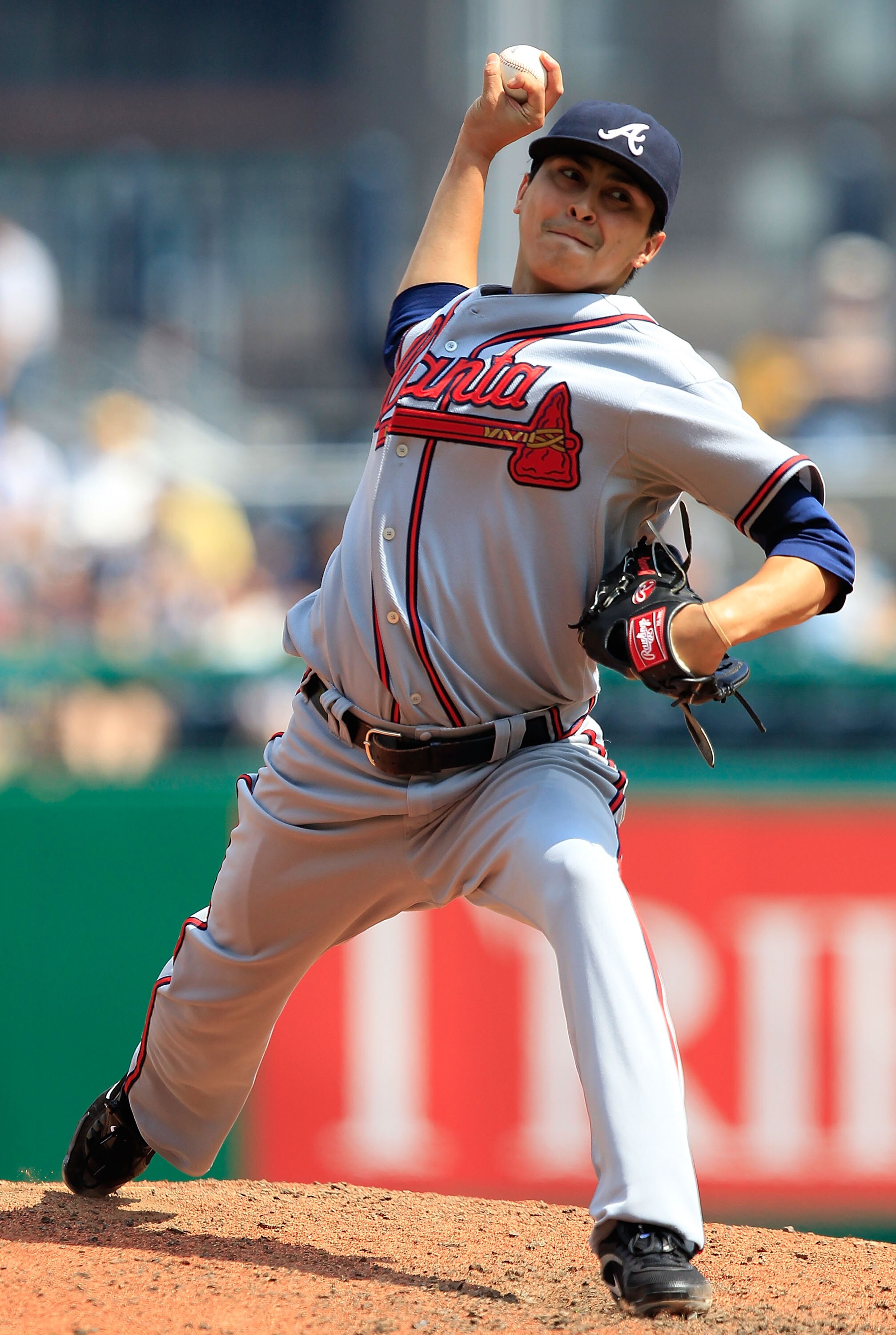 PITTSBURGH - MAY 23:  Jesse Chavez #43 of the Atlanta Braves pitches against the Pittsburgh Pirates during the game on May 23, 2010 at PNC Park in Pittsburgh, Pennsylvania.  (Photo by Jared Wickerham/Getty Images)