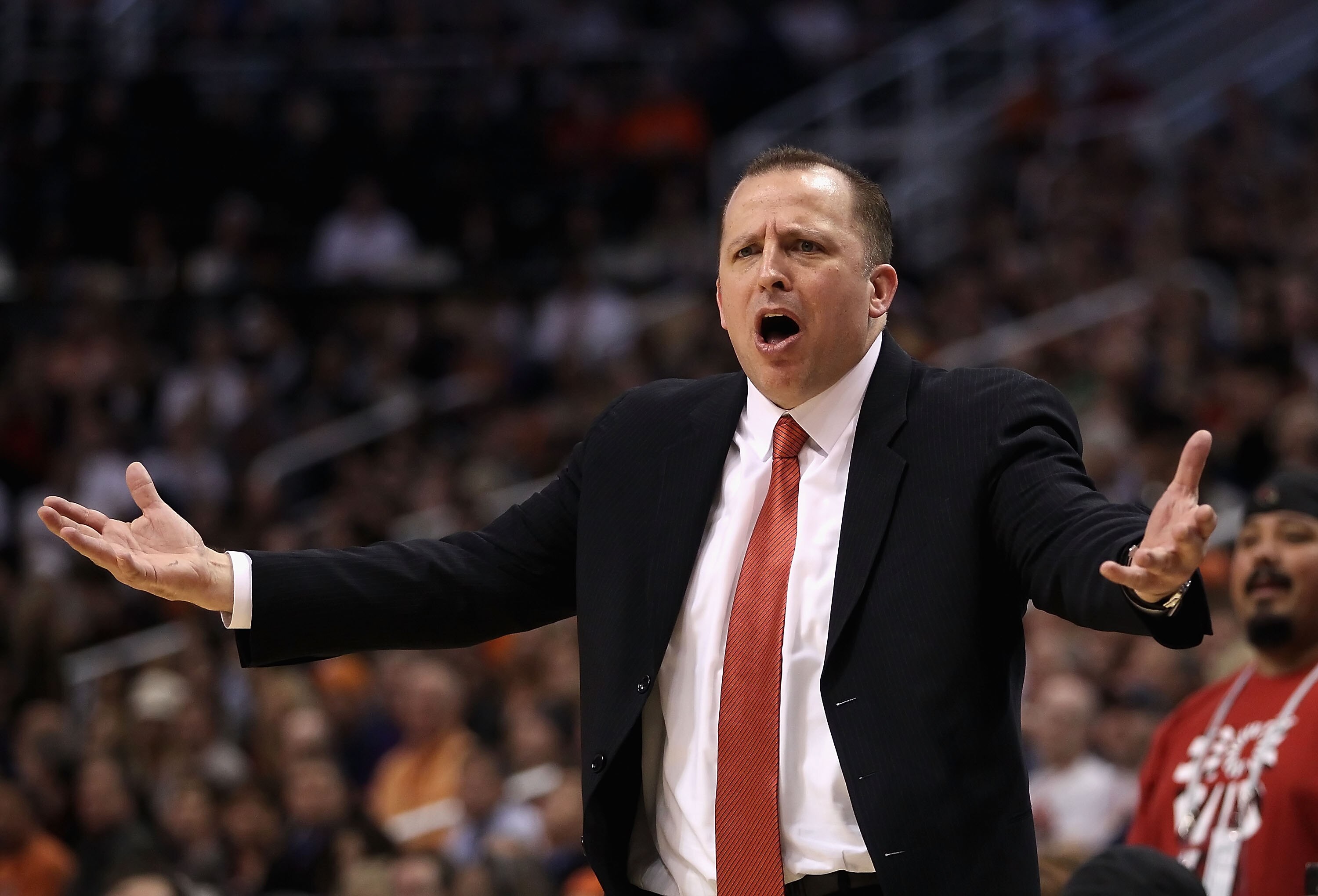 PHOENIX - NOVEMBER 24:  Head coach Tom Thibodeau of the Chicago Bulls reacts to a call during the NBA game against the Phoenix Suns at US Airways Center on November 24, 2010 in Phoenix, Arizona. The Bulls defeated the Suns 123-115 in double overtime.  NOT