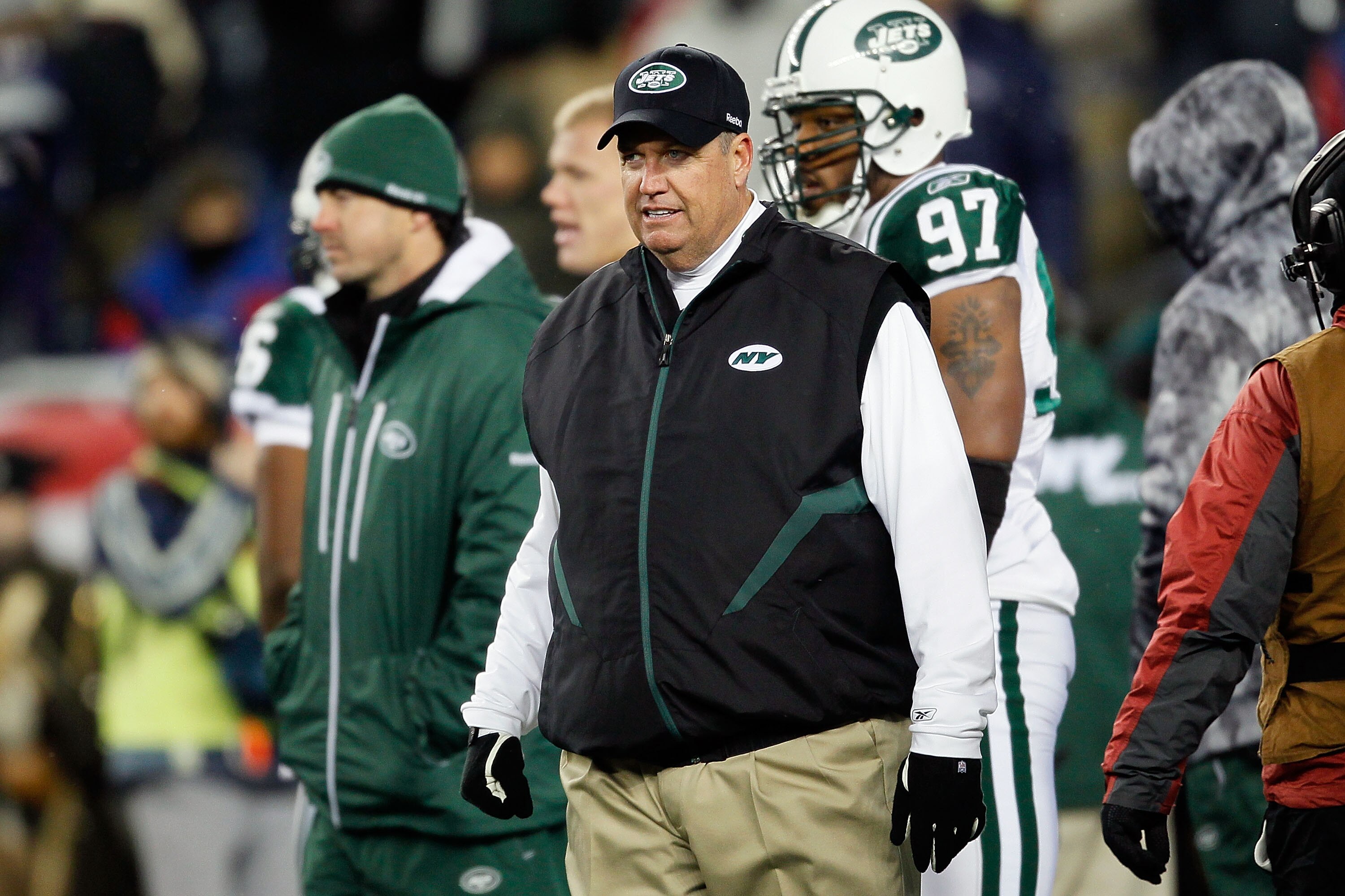 FOXBORO, MA - DECEMBER 06:  Head coach Rex Ryan of the New York Jets looks on during warm ups against the New England Patriots at Gillette Stadium on December 6, 2010 in Foxboro, Massachusetts.  (Photo by Jim Rogash/Getty Images)