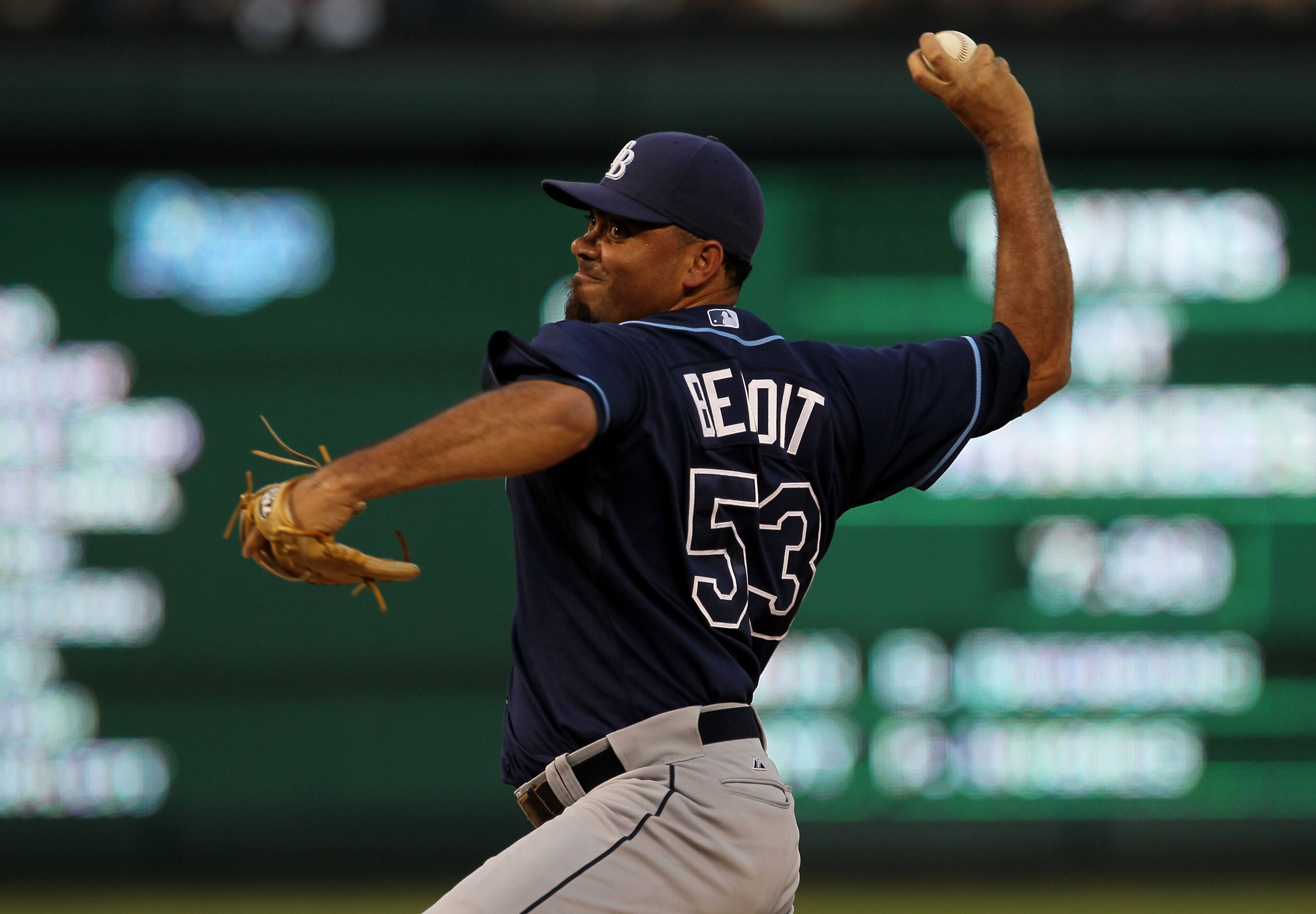 ARLINGTON, TX - OCTOBER 09: Joaquin Benoit #53 of the Tampa Bay Rays throws a pitch against the Texas Rangers during game three of the ALDS at Rangers Ballpark in Arlington on October 9, 2010 in Arlington, Texas. The Rays won 6-3. (Photo by Stephen Dun ARLINGTON, TX - OCTOBER 09: Joaquin Benoit #53 of the Tampa Bay Rays throws a pitch against the Texas Rangers during game three of the ALDS at Rangers Ballpark in Arlington on October 9, 2010 in Arlington, Texas. The Rays won 6-3. (Photo by Stephen Dun