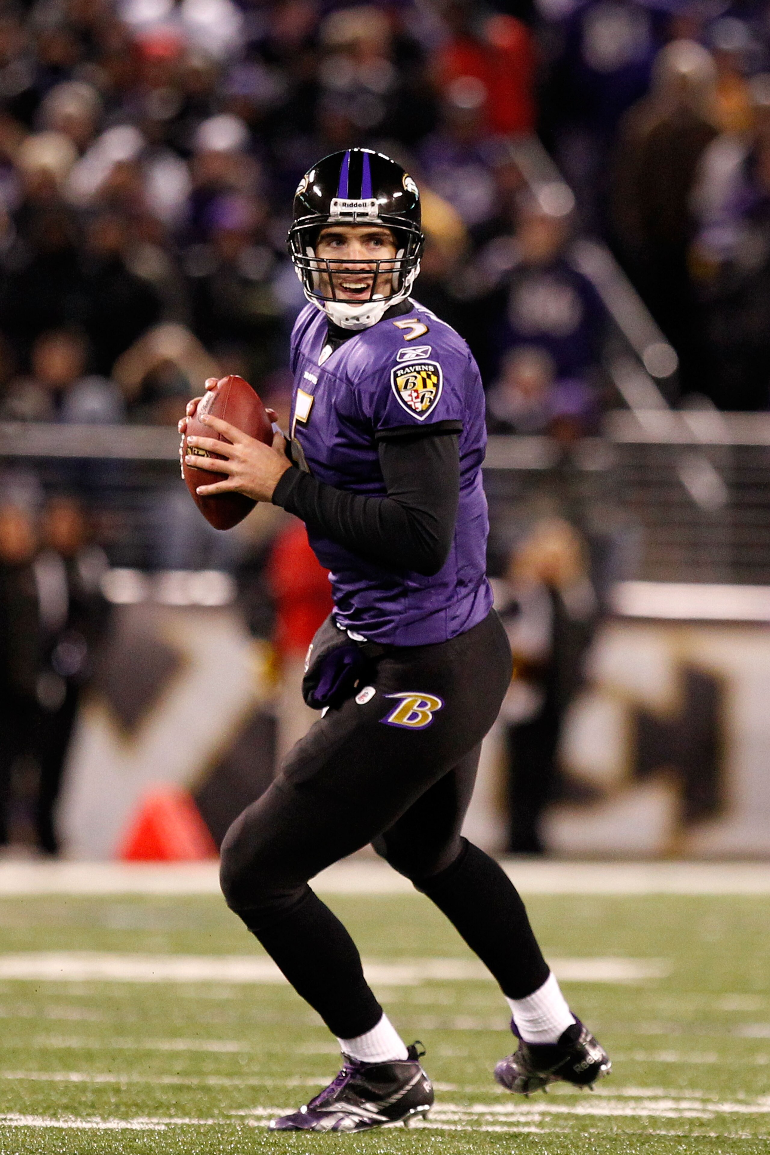 BALTIMORE, MD - DECEMBER 05:  Quarterback Joe Flacco #5 of the Baltimore Ravens looks to pass against the Pittsburgh Steelers at M&T Bank Stadium on December 5, 2010 in Baltimore, Maryland. Pittsburgh won 13-10.  (Photo by Geoff Burke/Getty Images)