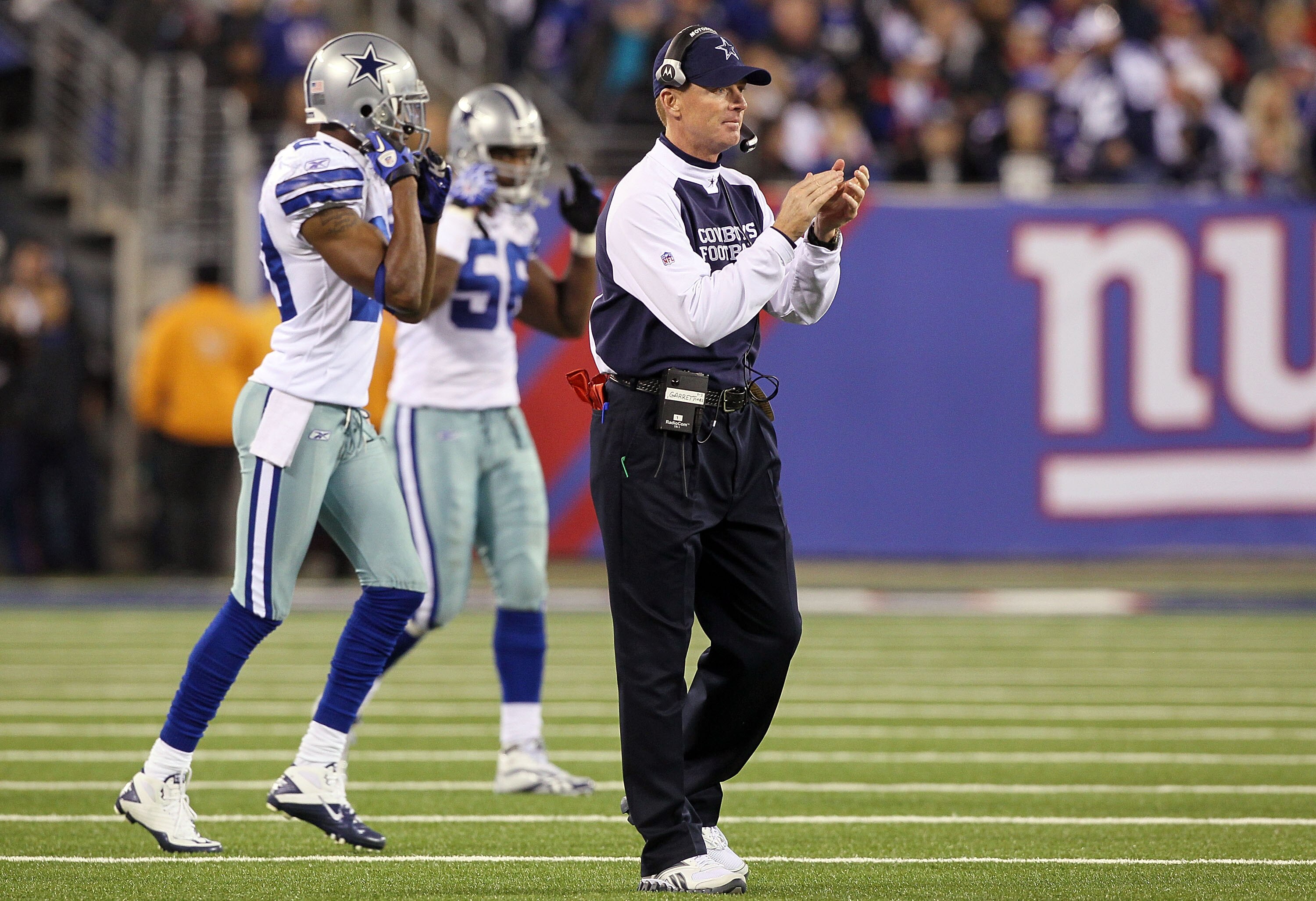 EAST RUTHERFORD, NJ - NOVEMBER 14:  Head coach Jason Garrett of the Dallas Cowboys looks on from the sidelines against the New York Giants on November 14, 2010 at the New Meadowlands Stadium in East Rutherford, New Jersey.  (Photo by Jim McIsaac/Getty Ima