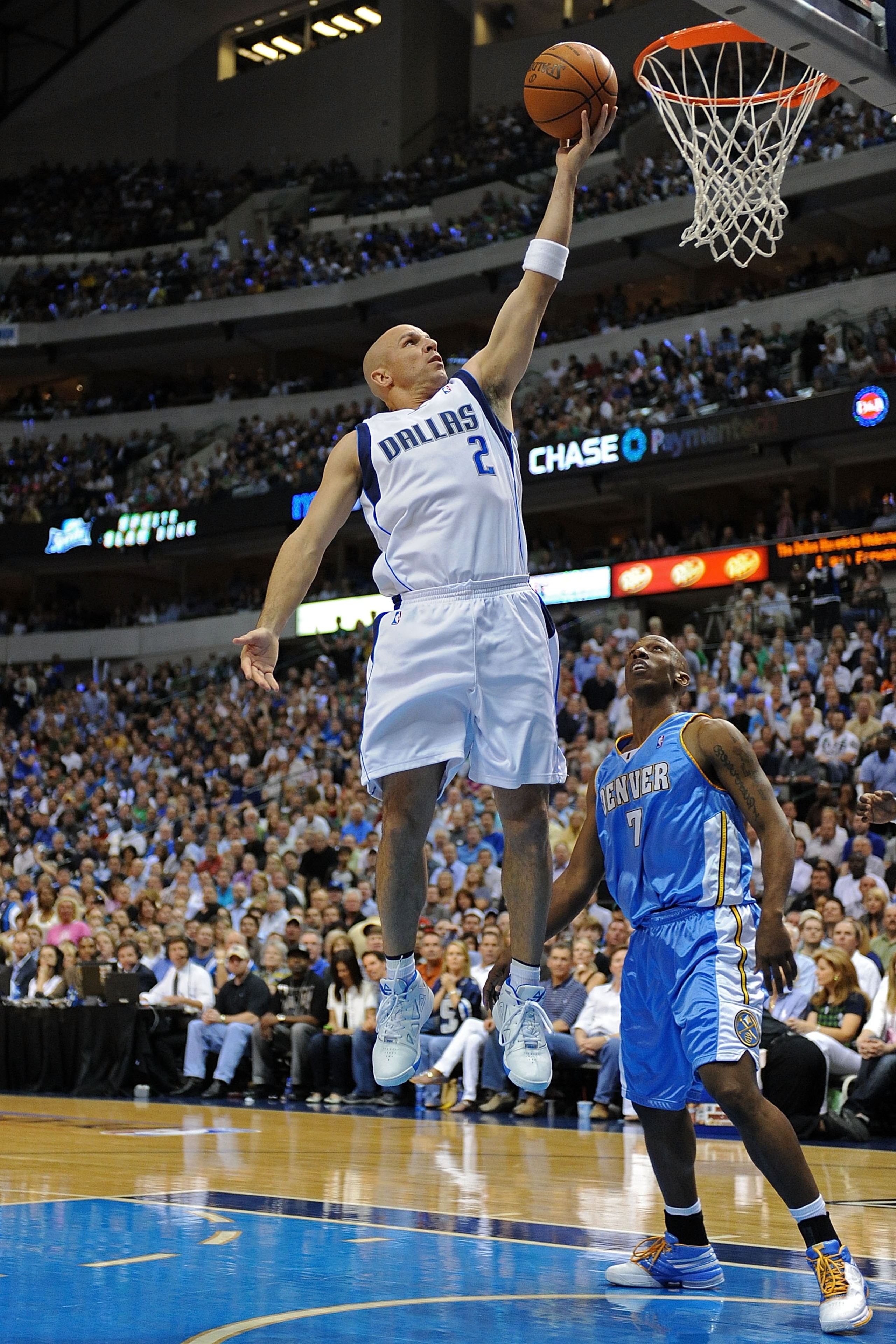 DALLAS - MAY 11:  Guard Jason Kidd #2 of the Dallas Mavericks takes a shot against Chauncey Billups #7 of the Denver Nuggets in Game Four of the Western Conference Semifinals during the 2009 NBA Playoffs at American Airlines Center on May 11, 2009 in Dall