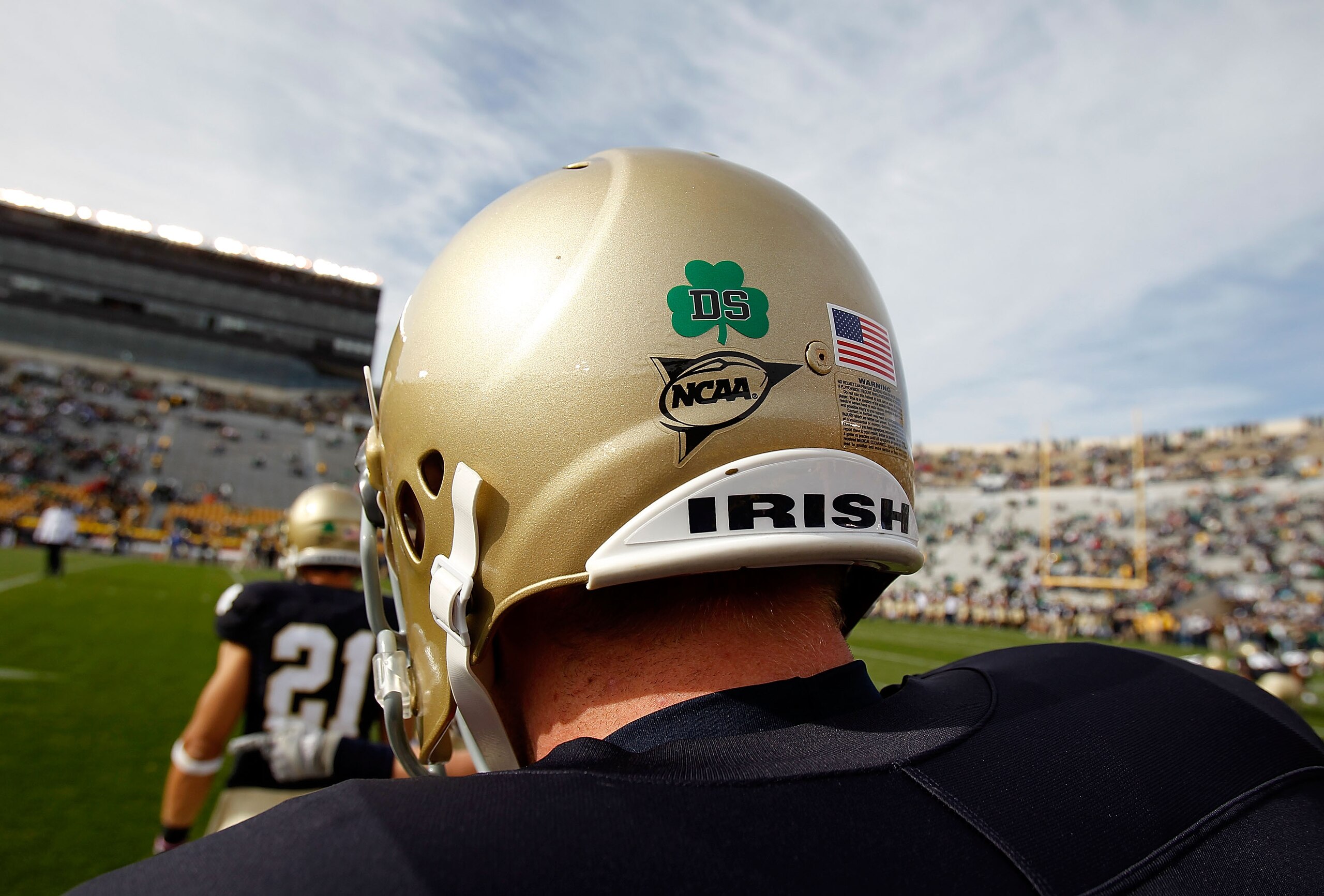SOUTH BEND, IN - OCTOBER 30: A player for the Notre Dame Fighting Irish wears a decal on his helmut honoring Declan Sullivan, a student who was killed while videotaping a Notre Dame practice in high winds this past week, before a game against the Tulsa Go
