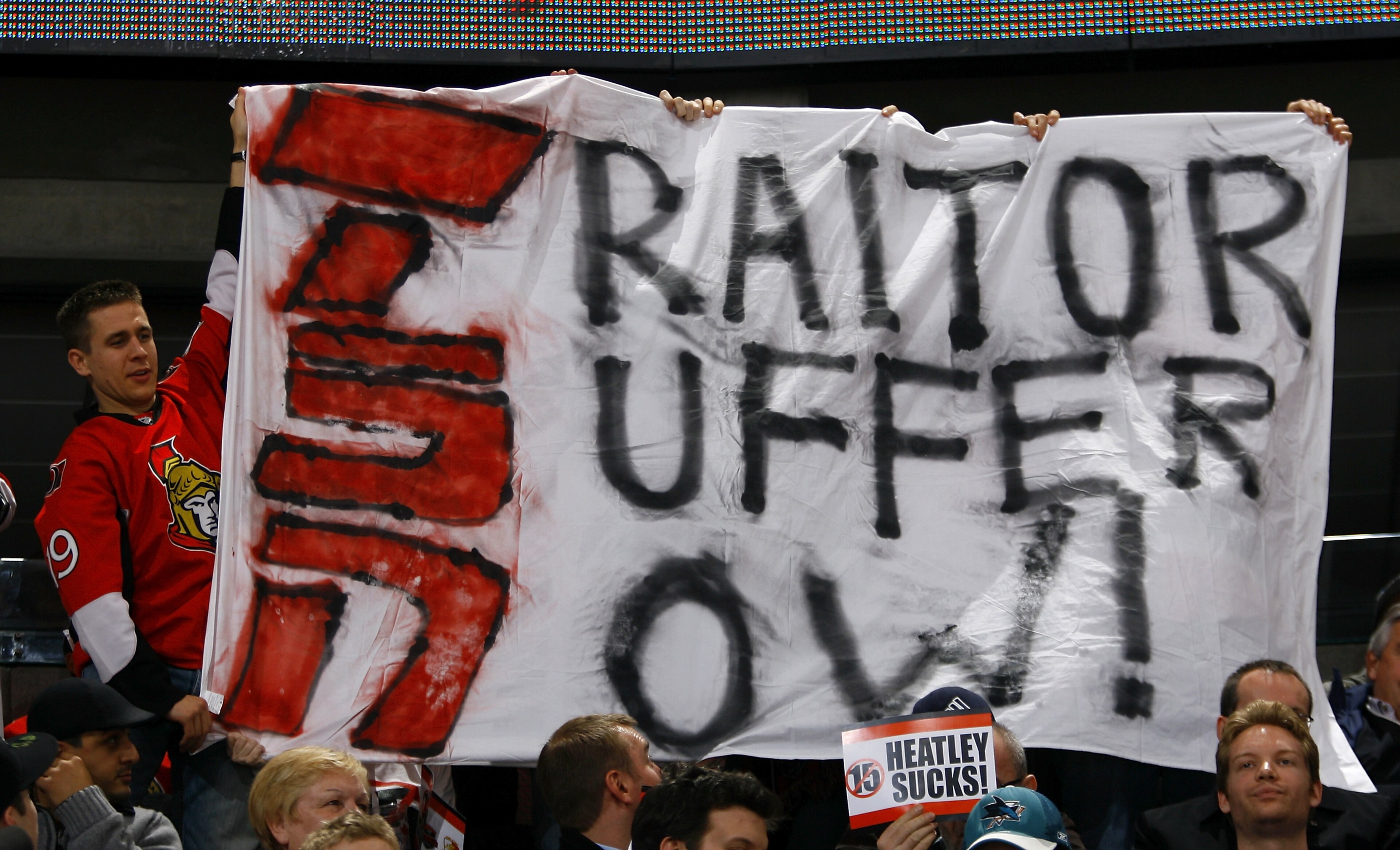 OTTAWA, ON - DECEMBER 02: Ottawa Senators fans show their discontent with Dany Heatley #15 of the San Jose Sharks in his first game against his old team at Scotiabank Place on December 2, 2010 in Ottawa, Ontario, Canada. (Photo by Phillip MacCallum/Gett OTTAWA, ON - DECEMBER 02: Ottawa Senators fans show their discontent with Dany Heatley #15 of the San Jose Sharks in his first game against his old team at Scotiabank Place on December 2, 2010 in Ottawa, Ontario, Canada. (Photo by Phillip MacCallum/Gett