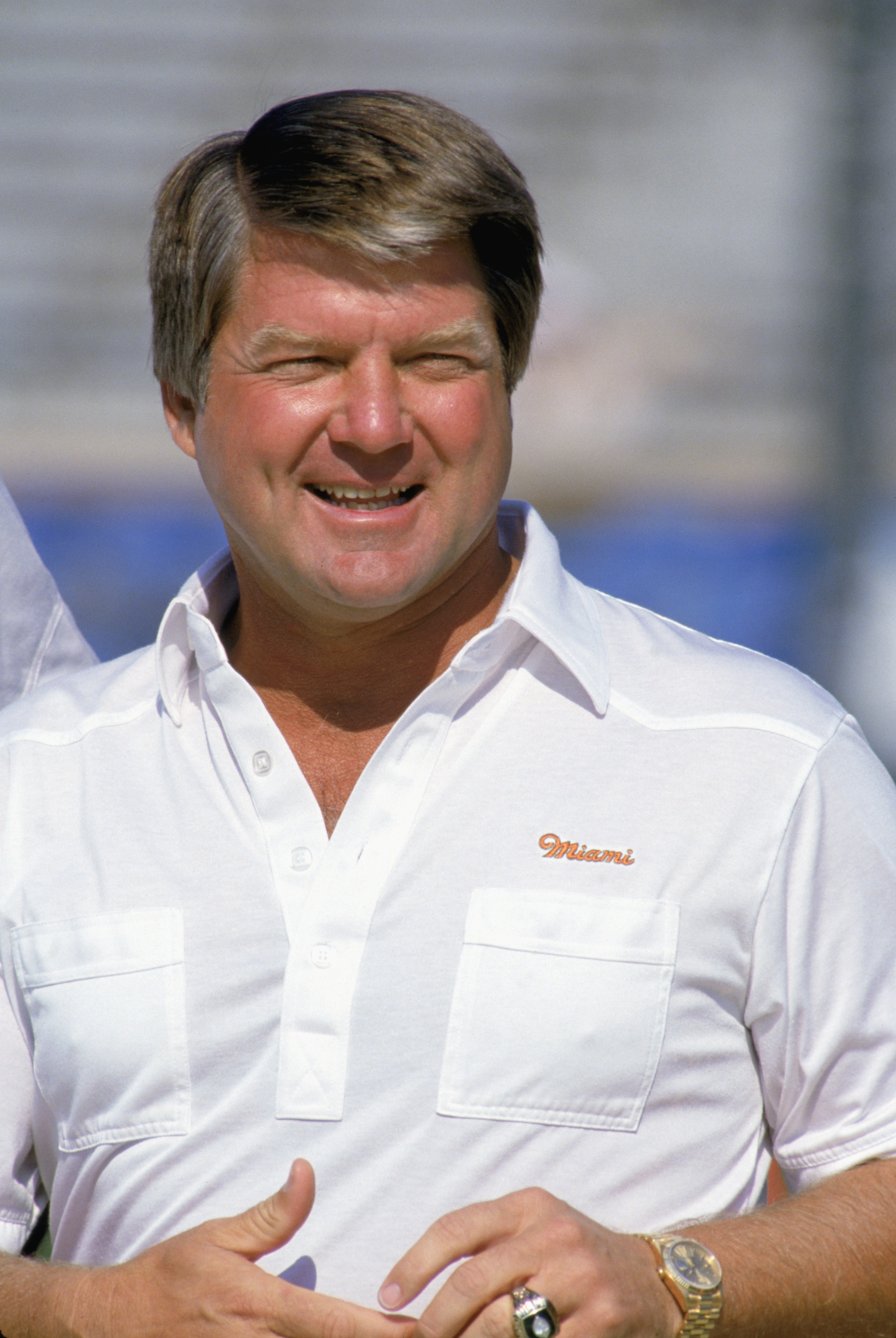 MIAMI - OCTOBER 15:  Head Coach Jimmy Johnson of the University of Miami Hurricanes looks on during a game against Notre Dame Fighting Irish on October 15, 1988 in Miami, Florida. Notre Dames won 31-30. (Photo by Jonathan Daniel/Getty Images)