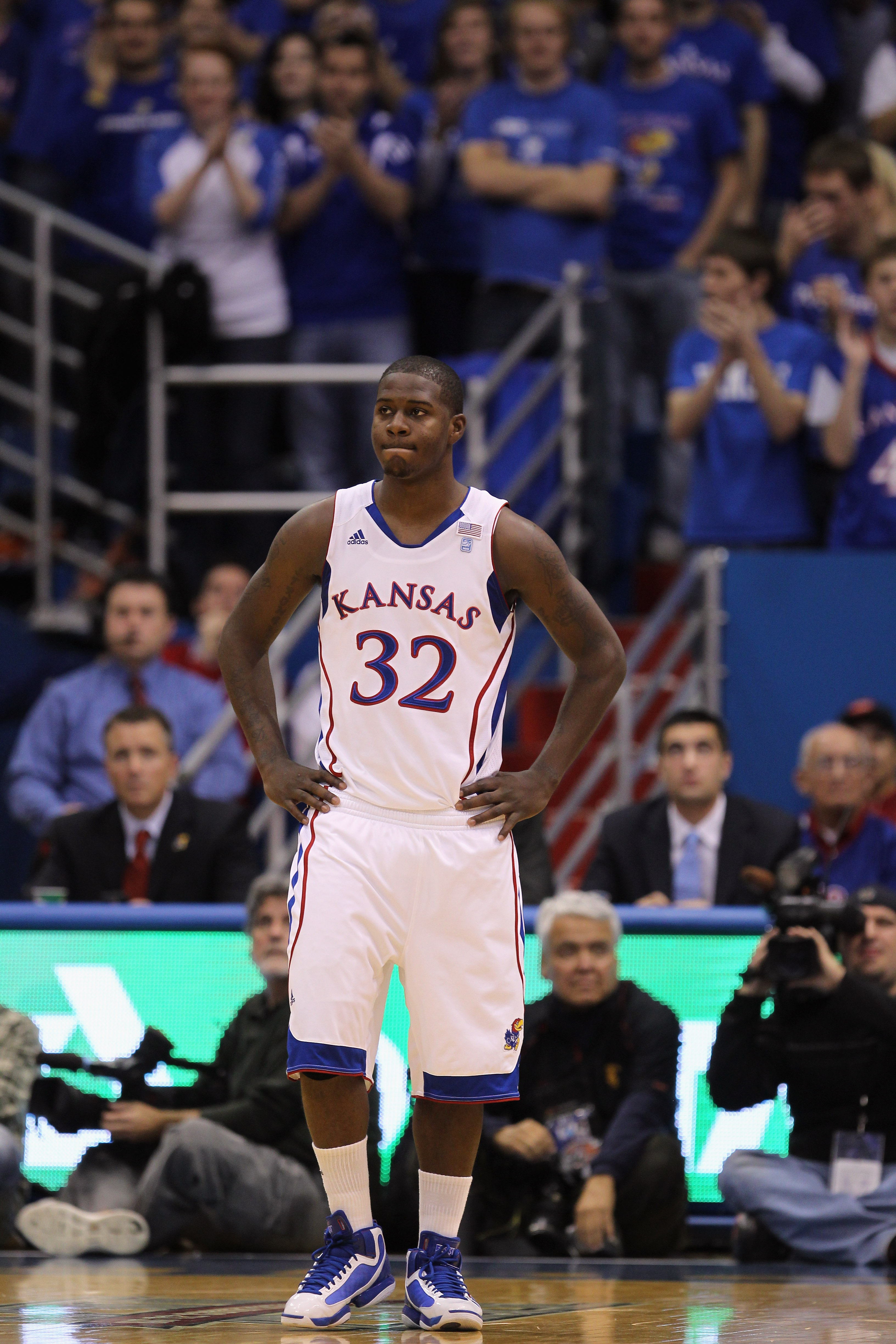 LAWRENCE, KS - DECEMBER 18:  Josh Selby #32 of the Kansas Jayhawks in action during the game against the USC Trojans on December 18, 2010 at Allen Fieldhouse in Lawrence, Kansas.  (Photo by Jamie Squire/Getty Images)