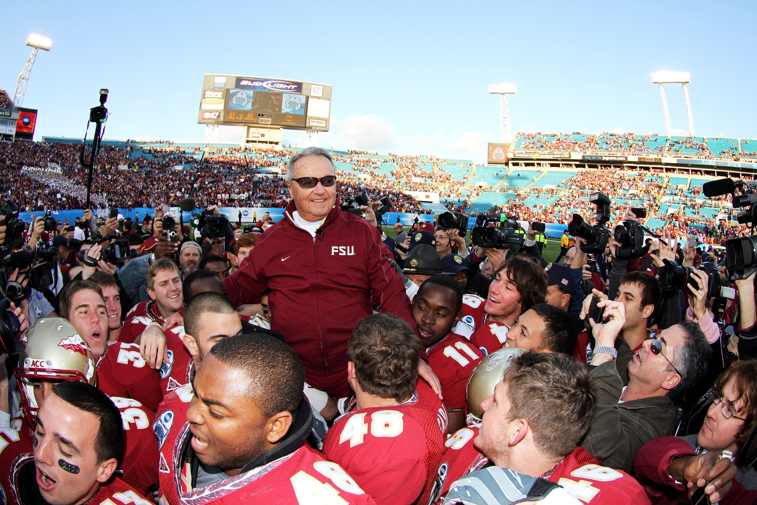 JACKSONVILLE, FL - JANUARY 01:  Head coach Bobby Bowden of the Florida State Seminoles is carried off the field by his players after defeating the West Virginia Mountaineers during the Konica Minolta Gator Bowl on January 1, 2010 at Jacksonville Municipal