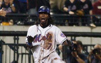 NEW YORK, NY - JUNE 22:  Jose Reyes #7 of the New York Mets celebrates after hitting a triple in the eight inning against the Oakland Athletics on June 22, 2011 at Citi Field in the Flushing neighborhood of the Queens borough of New York City.  (Photo by