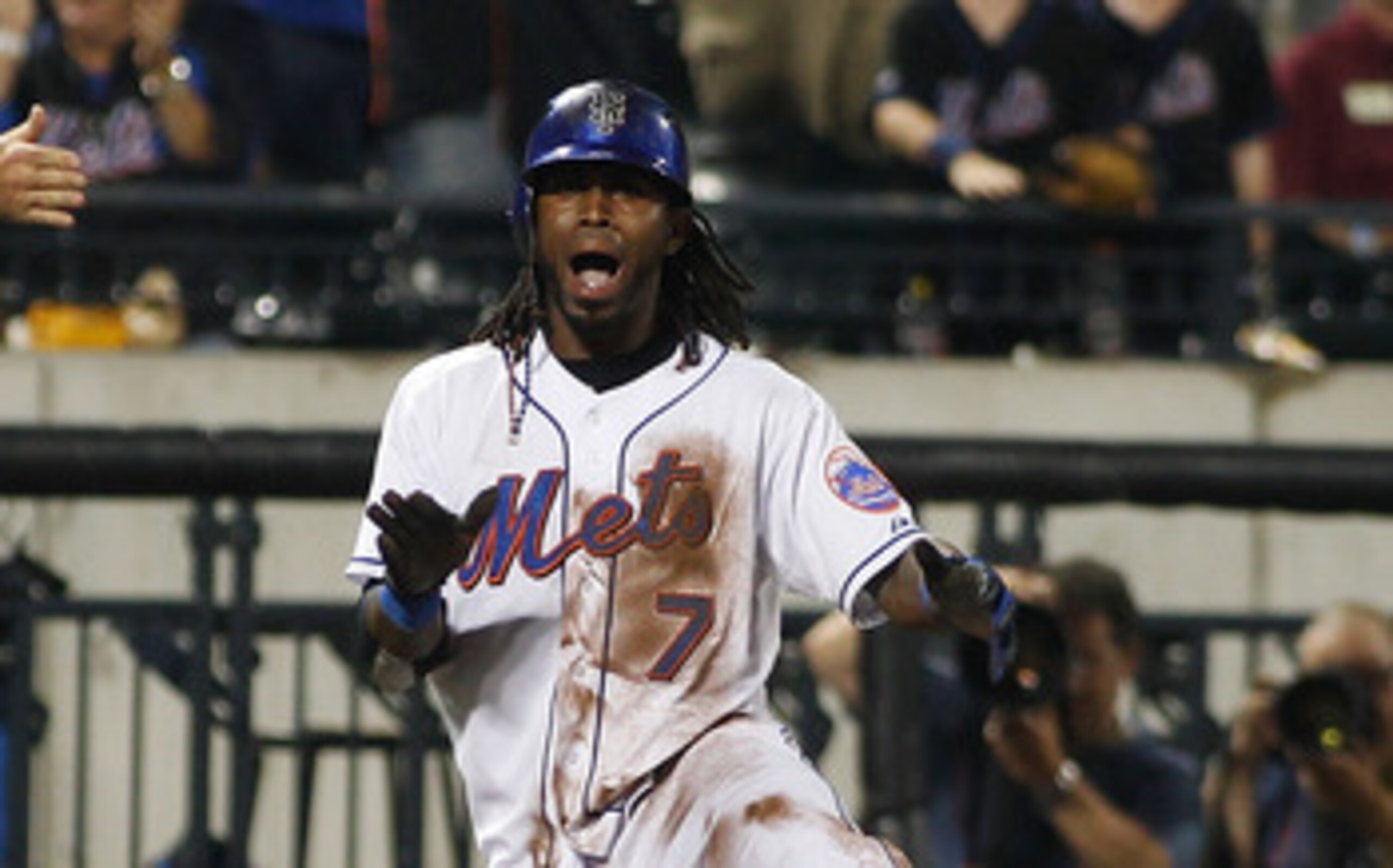 NEW YORK, NY - JUNE 22:  Jose Reyes #7 of the New York Mets celebrates after hitting a triple in the eight inning against the Oakland Athletics on June 22, 2011 at Citi Field in the Flushing neighborhood of the Queens borough of New York City.  (Photo by