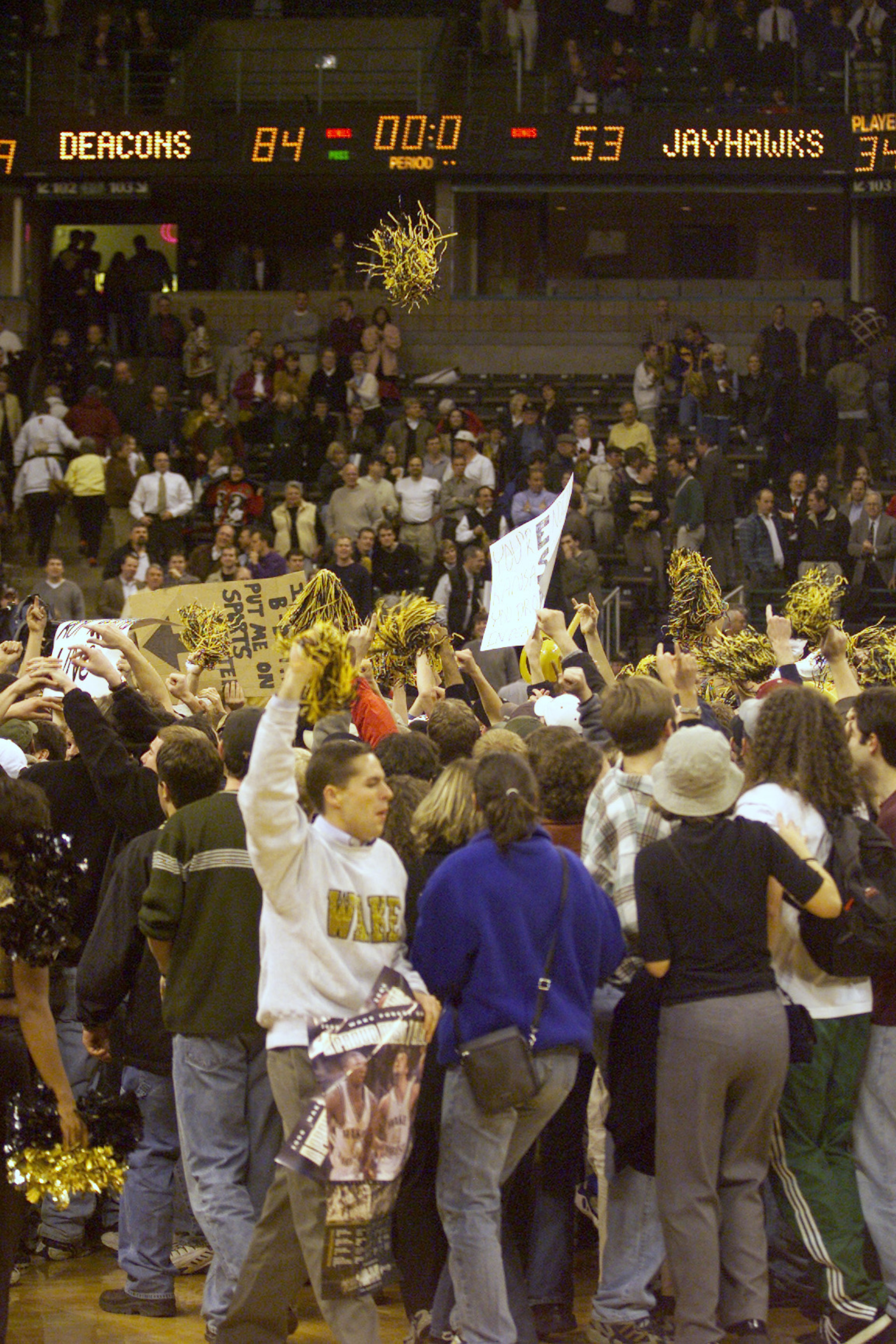 7 Nov 2000:   Wake Forest Demon Deacons fans celebrate their 84-53 victory over the Kansas Jayhawks at Joel Coliseum in Winston Salem, North Carolina. Mandatory DIGITAL IMAGE Credit: Craig Jones/ALLSPORT