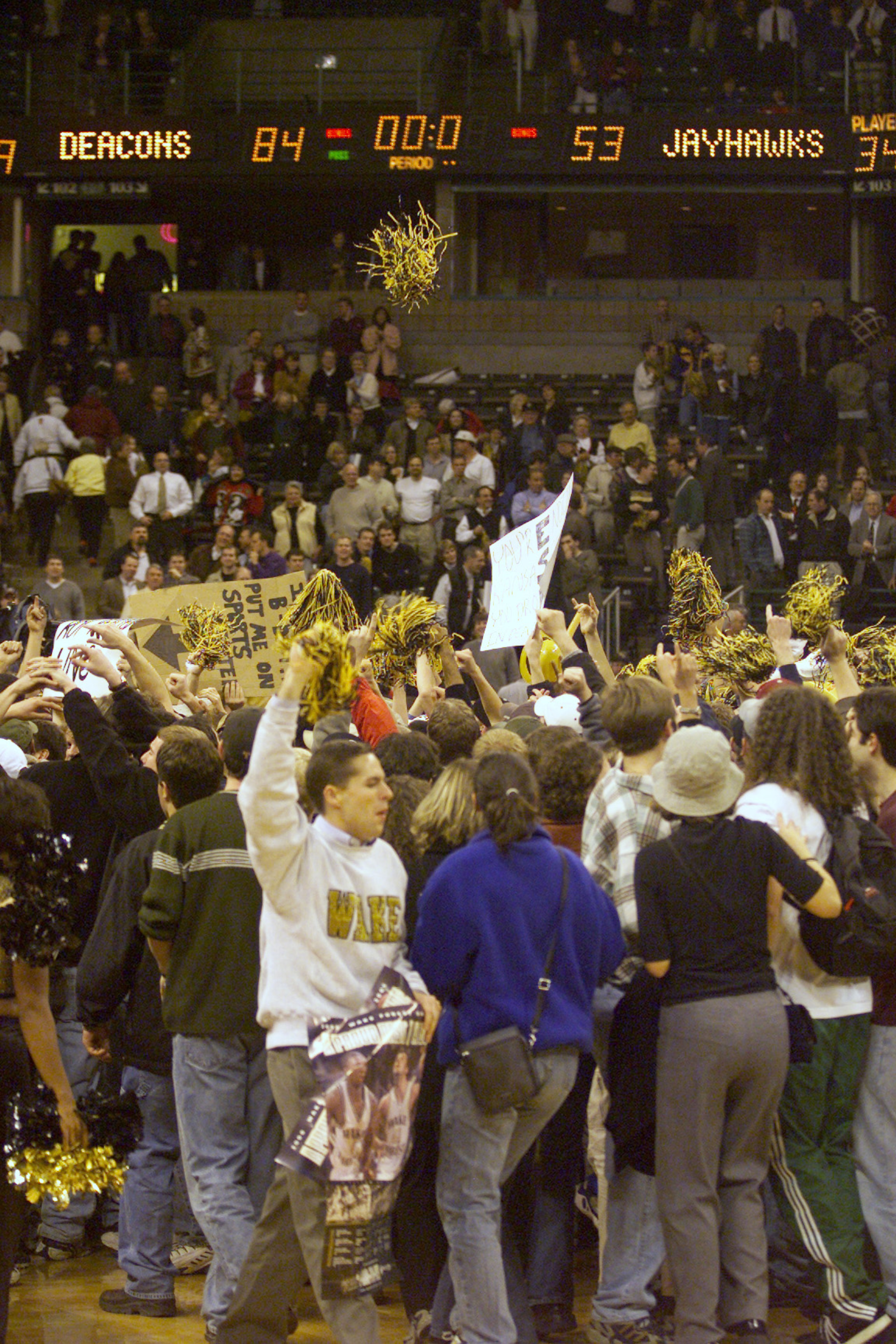 7 Nov 2000: Wake Forest Demon Deacons fans celebrate their 84-53 victory over the Kansas Jayhawks at Joel Coliseum in Winston Salem, North Carolina. Mandatory DIGITAL IMAGE Credit: Craig Jones/ALLSPORT 7 Nov 2000: Wake Forest Demon Deacons fans celebrate their 84-53 victory over the Kansas Jayhawks at Joel Coliseum in Winston Salem, North Carolina. Mandatory DIGITAL IMAGE Credit: Craig Jones/ALLSPORT