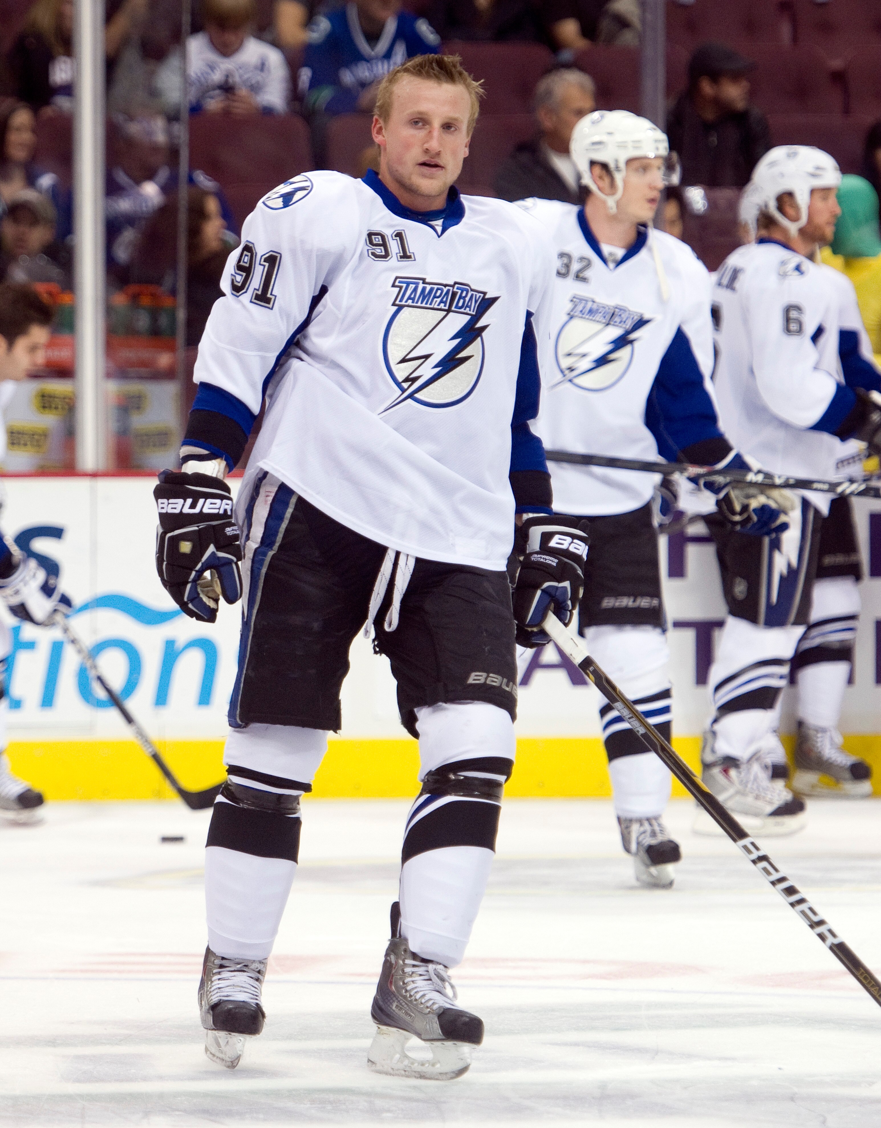 VANCOUVER, CANADA - DECEMBER 11: Steven Stamkos #91 of the Tampa Bay Lightning skates during the pre-game warmup prior to NHL action on December 11, 2010 against the Vancouver Canucks at Rogers Arena in Vancouver, BC, Canada.  (Photo by Rich Lam/Getty Ima