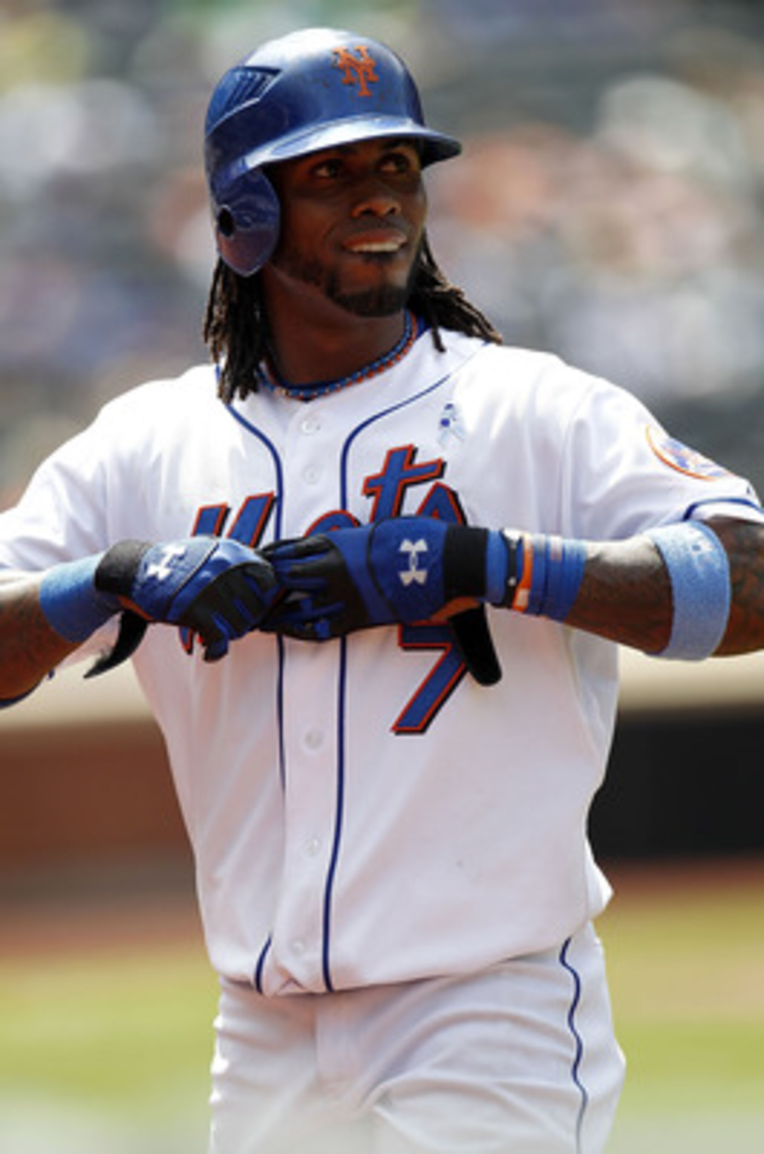 NEW YORK, NY - JUNE 19:  Jose Reyes #7 of the New York Mets reacts after flying out against the Los Angeles Angels of Anaheim on June 19, 2011 at Citi Field in the Flushing neighborhood of the Queens borough of New York City.  (Photo by Jeff Zelevansky/Ge