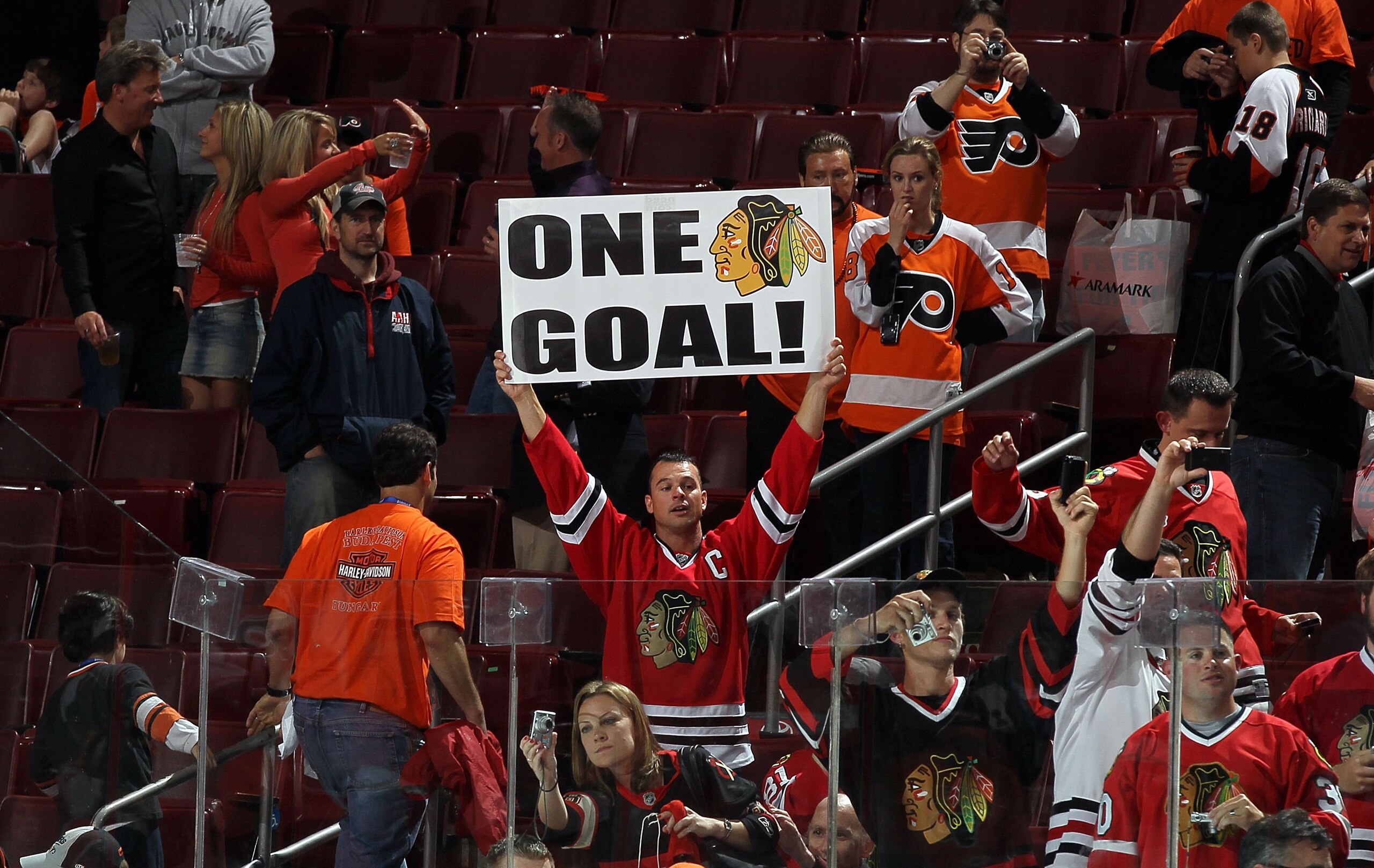 PHILADELPHIA - JUNE 09:  A fan of the Chicago Blackhawks celebrates after his team defeated the Philadelphia Flyers to win the Stanley Cup in Game Six of the 2010 NHL Stanley Cup Final at the Wachovia Center on June 9, 2010 in Philadelphia, Pennsylvania.