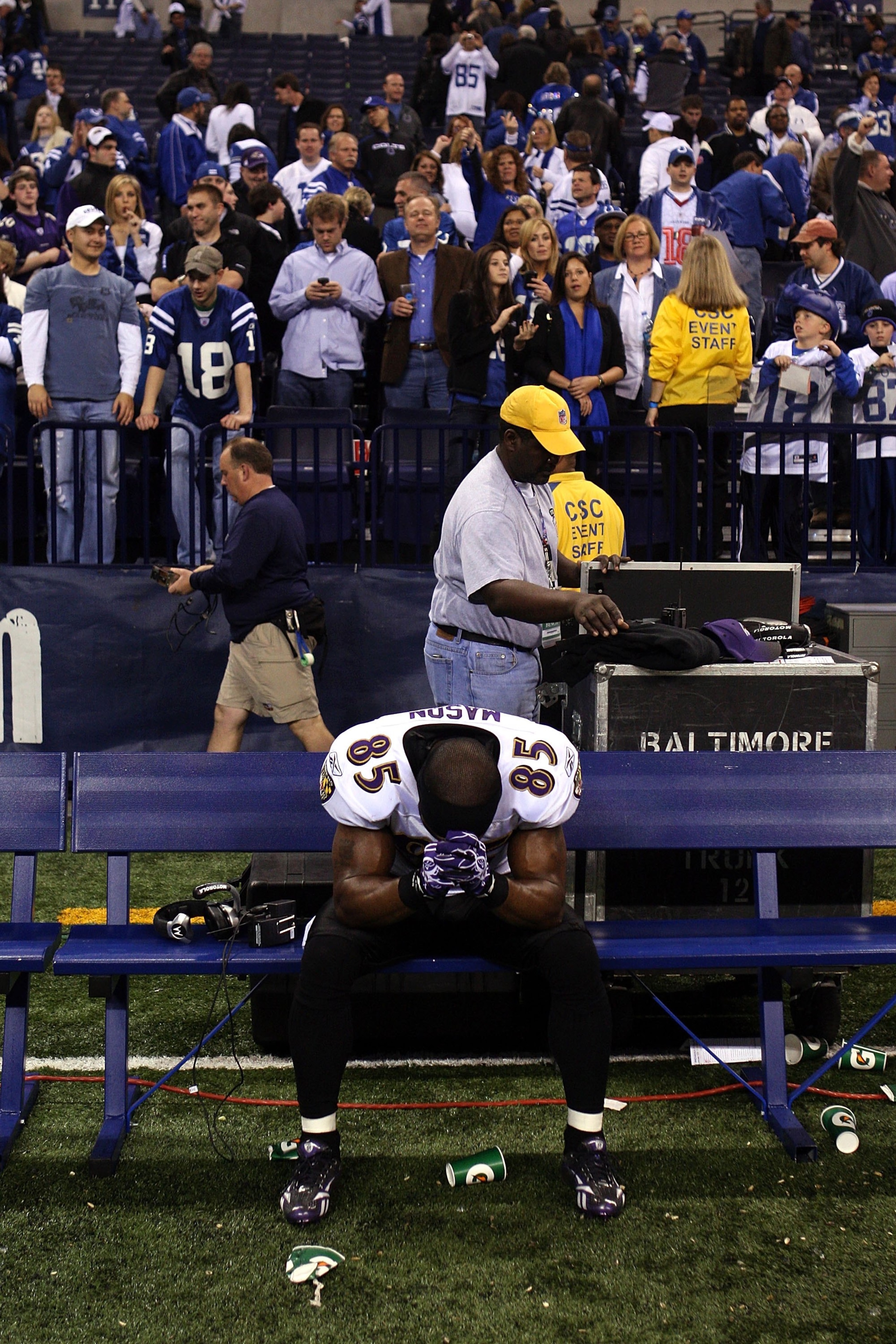 INDIANAPOLIS - JANUARY 16:  Derrick Mason #85 of the Baltimore Ravens sits on the bench after losing to the Indianapolis Colts 20-3 in the AFC Divisional Playoff Game at Lucas Oli Stadium on January 16, 2010 in Indianapolis, Indiana.  (Photo by Jonathan D