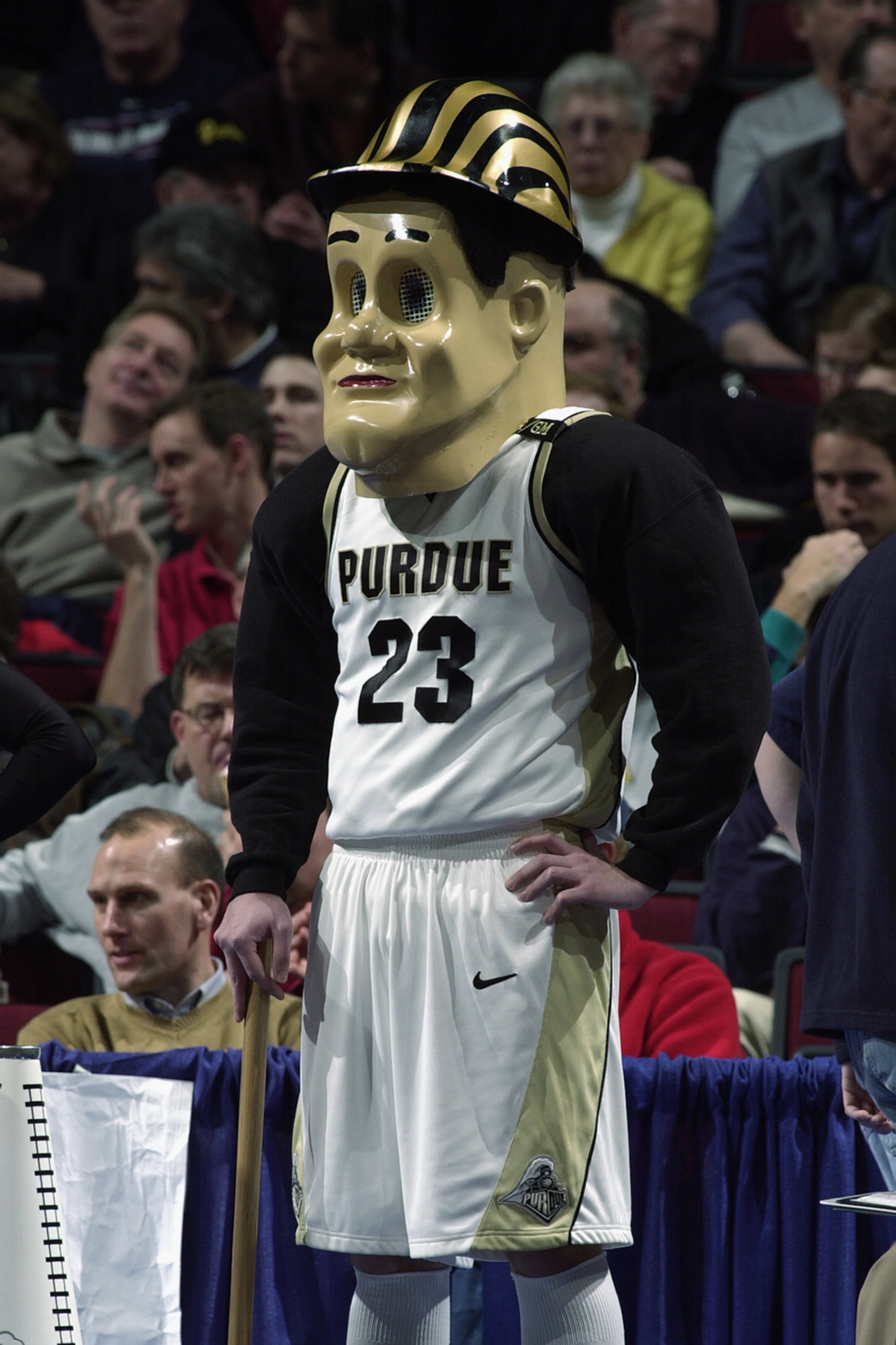 CHICAGO - MARCH 13:  The mascot for Purdue University entertains fans during the Big Ten Men's Basketball Tournament game between the Michigan State University Spartans and the Purdue University Boilermakers at the United Center on March 14, 2003 in Chica