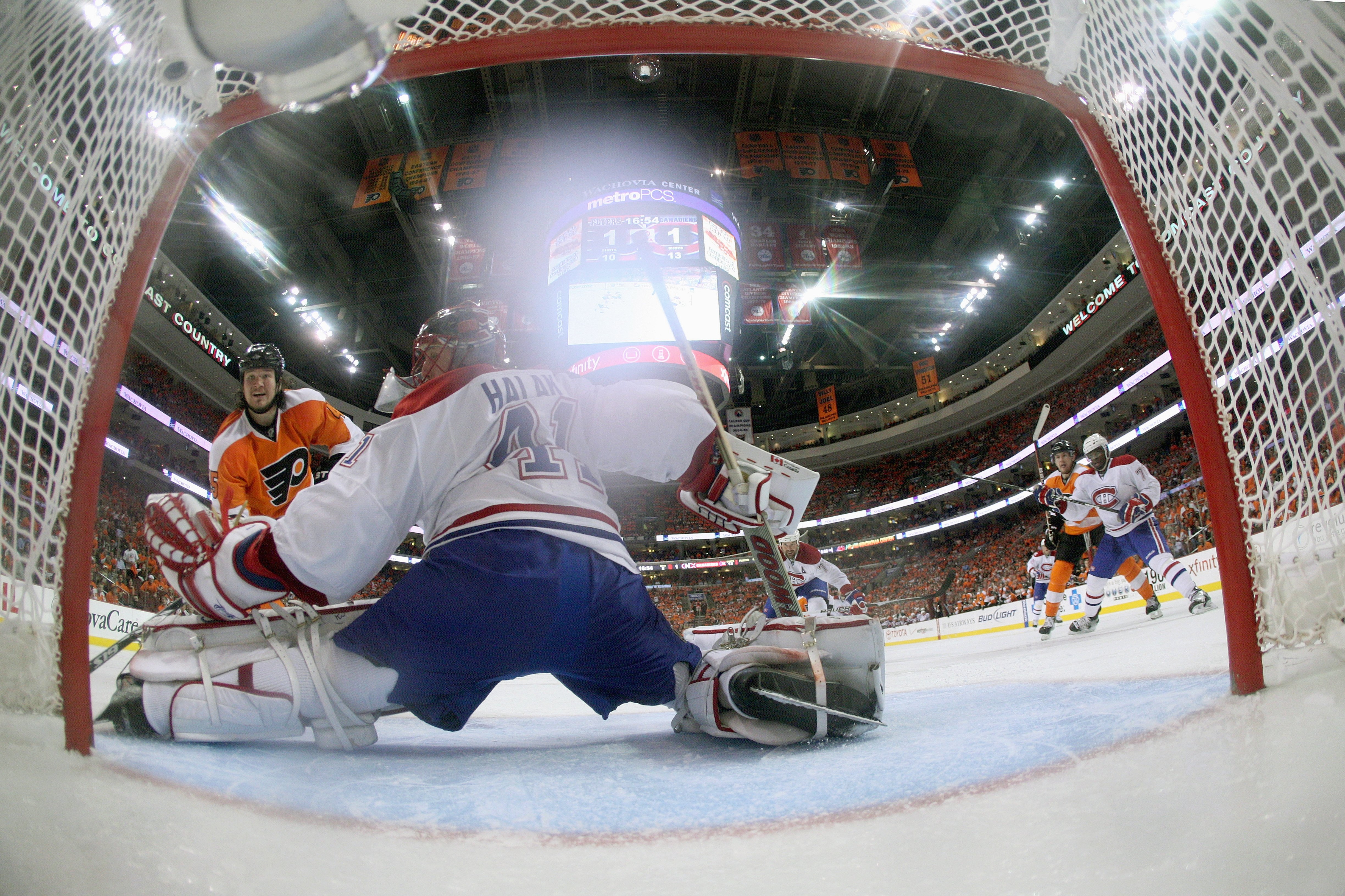 PHILADELPHIA - MAY 24:  Goalie Jaroslav Halak #41 of the Montreal Canadiens deflects the puck against the Philadelphia Flyers in Game 5 of the Eastern Conference Finals during the 2010 NHL Stanley Cup Playoffs at Wachovia Center on May 24, 2010 in Philade