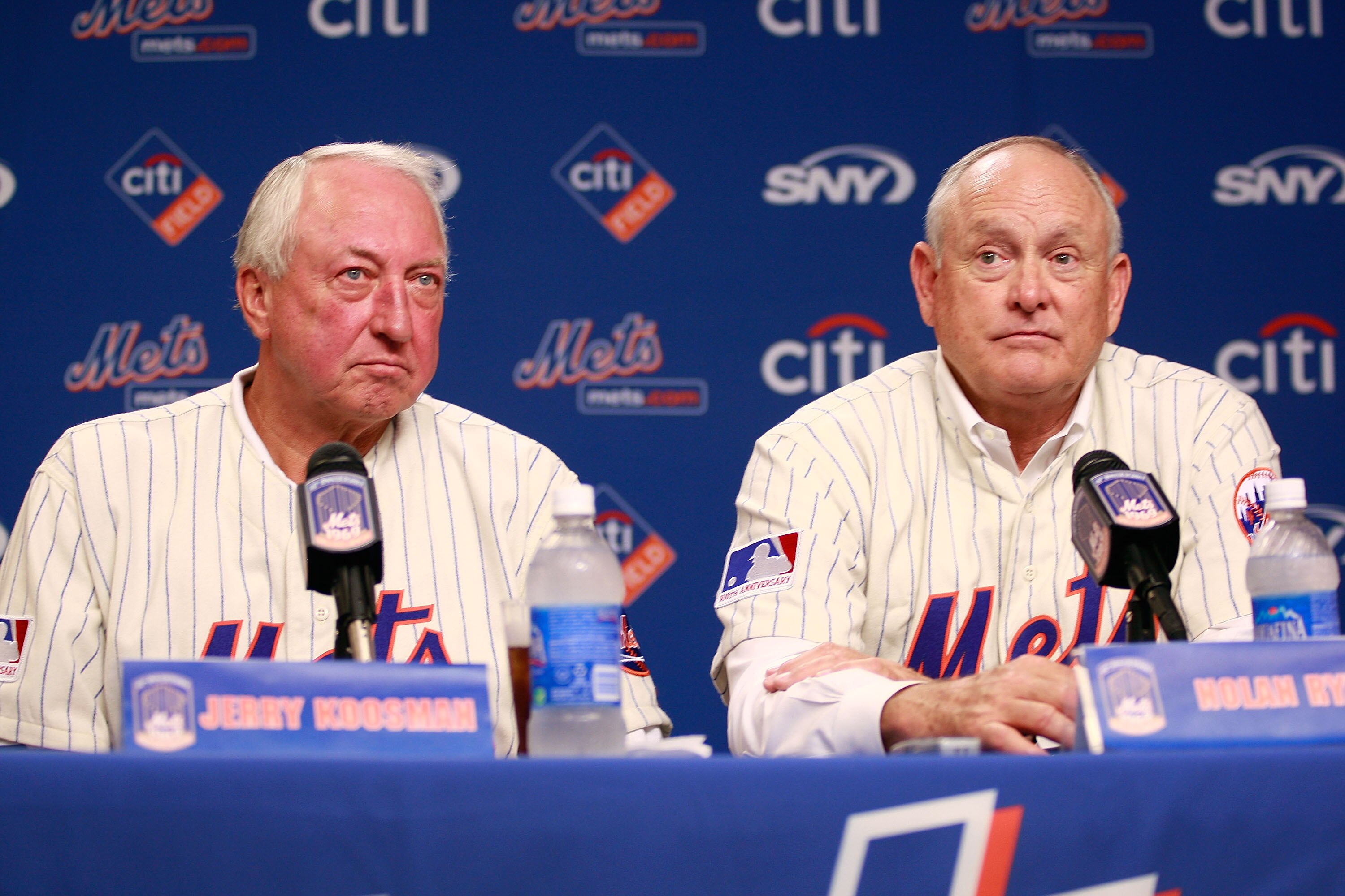 NEW YORK - AUGUST 22:  Jerry Koosman and Nolan Ryan look on during a press conference commemorating the New York Mets 40th anniversary of the 1969 World Championship team on August 22, 2009 at Citi Field in the Flushing neighborhood of the Queens borough