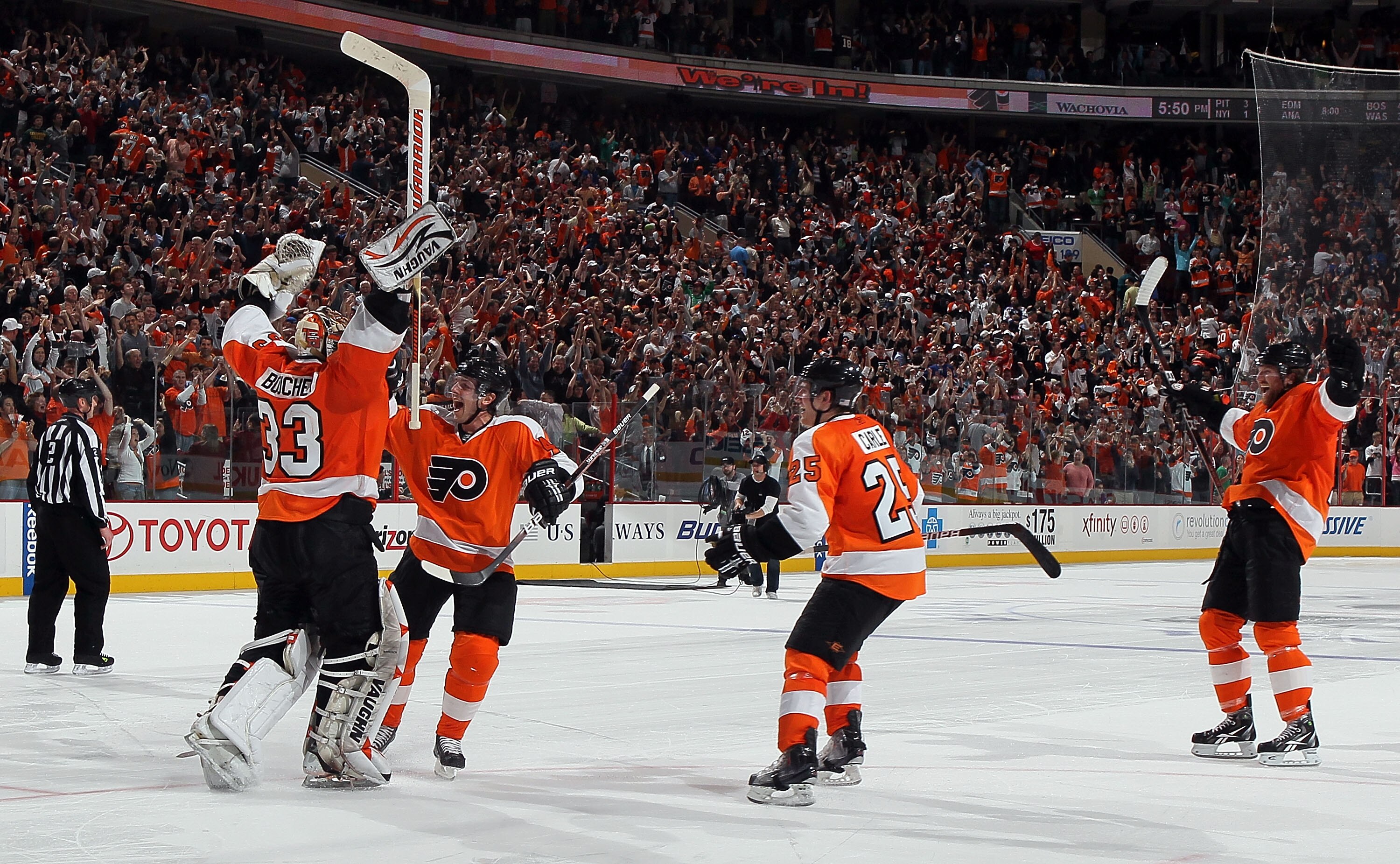 PHILADELPHIA - APRIL 11:  Brian Boucher #33 of the Philadelphia Flyers celebrates his game winning shootout save against the New York Rangers with teammates Daniel Briere #48, Matt Carle #25, and Scott Hartnell #19 on April 11, 2010 at Wachovia Center in