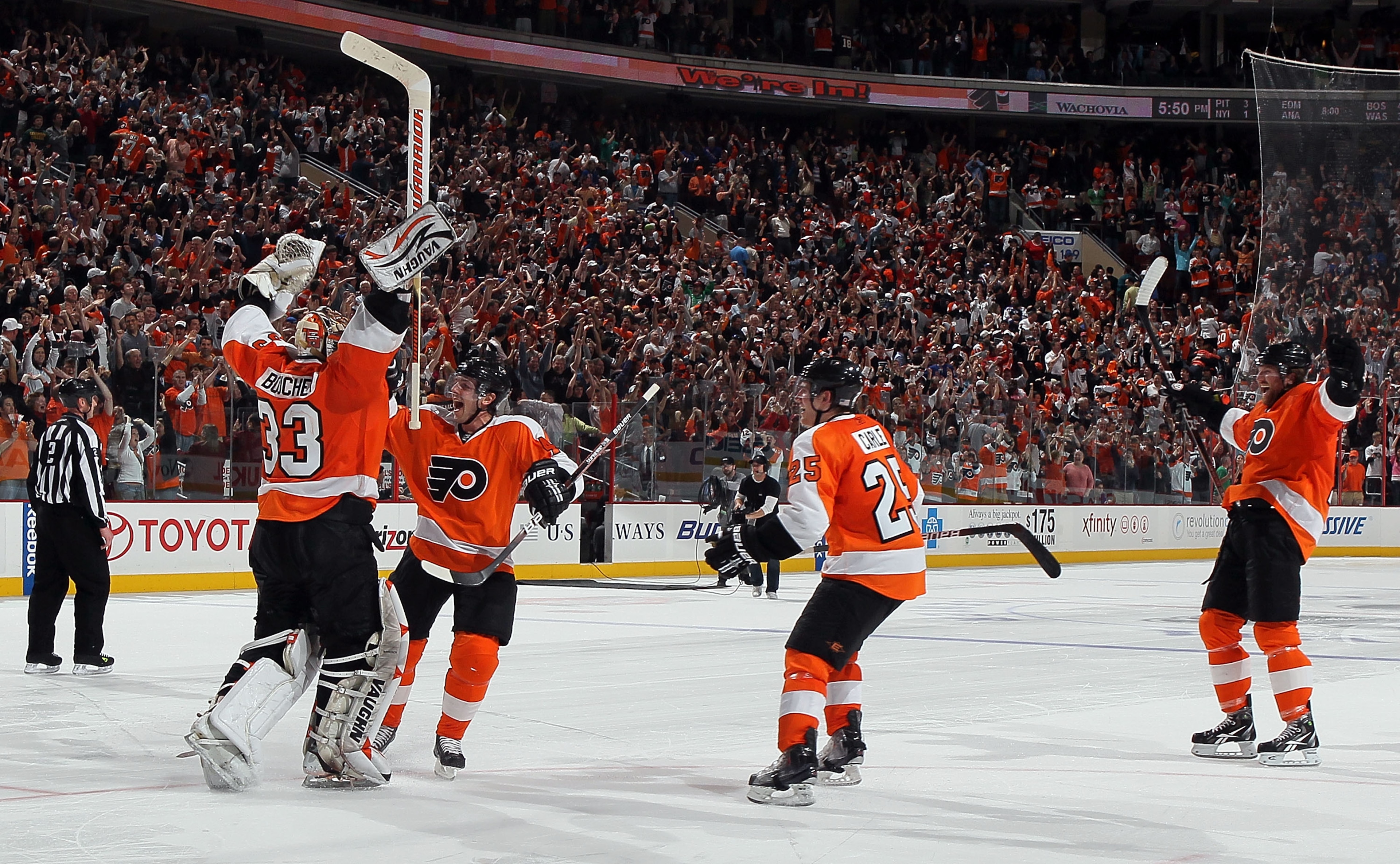 PHILADELPHIA - APRIL 11: Brian Boucher #33 of the Philadelphia Flyers celebrates his game winning shootout save against the New York Rangers with teammates Daniel Briere #48, Matt Carle #25, and Scott Hartnell #19 on April 11, 2010 at Wachovia Center in PHILADELPHIA - APRIL 11: Brian Boucher #33 of the Philadelphia Flyers celebrates his game winning shootout save against the New York Rangers with teammates Daniel Briere #48, Matt Carle #25, and Scott Hartnell #19 on April 11, 2010 at Wachovia Center in