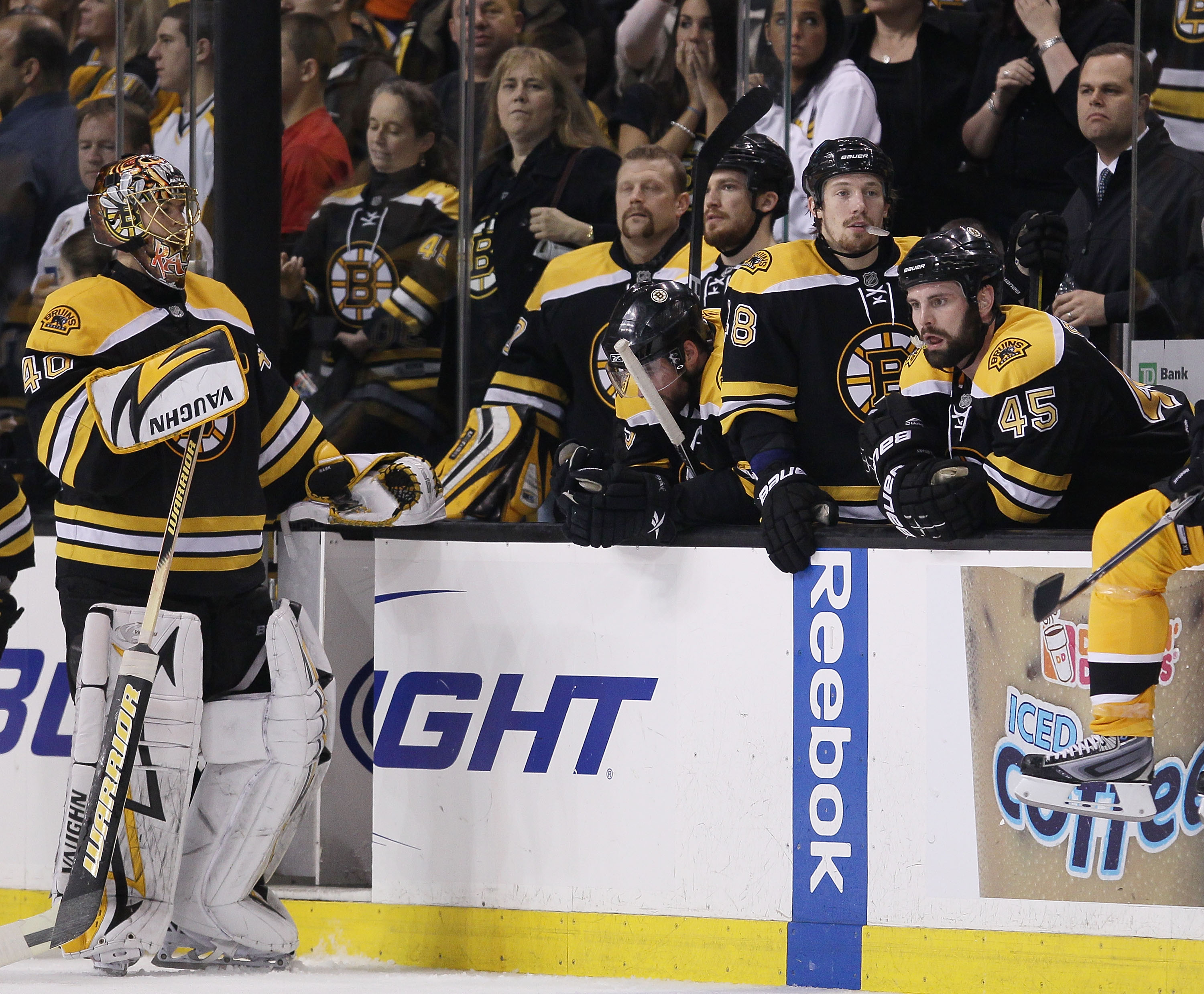 BOSTON - MAY 14:  Tuukka Rask #40 and the rest of the Boston Bruins react as the Philadelphia Flyers celebrate the win in Game Seven of the Eastern Conference Semifinals during the 2010 NHL Stanley Cup Playoffs at TD Garden on May 14, 2010 in Boston, Mass