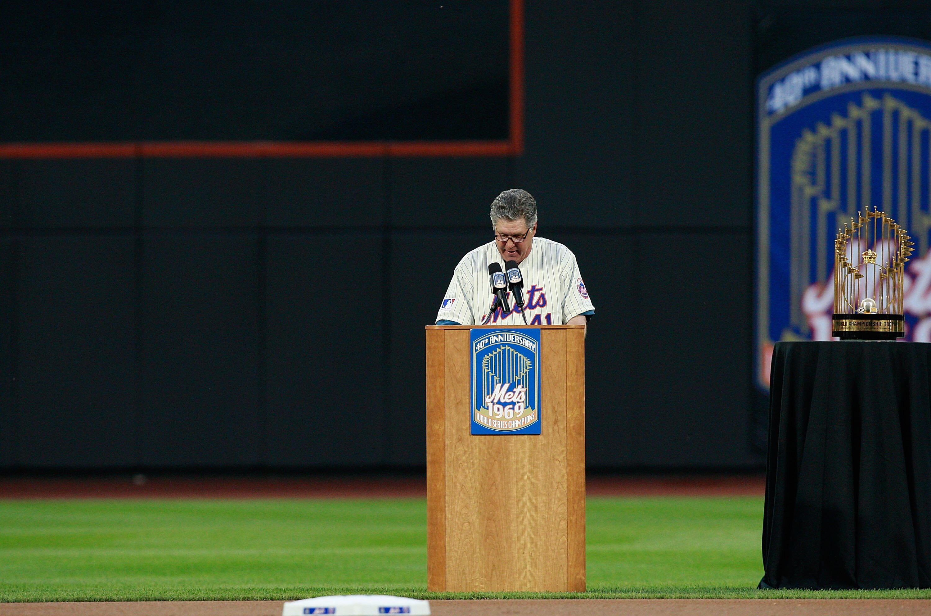 NEW YORK - AUGUST 22:  Tom Seaver speaks during the presentation commemorating the New York Mets 40th anniversary of the 1969 World Championship team on August 22, 2009 at Citi Field in the Flushing neighborhood of the Queens borough of New York City.  (P