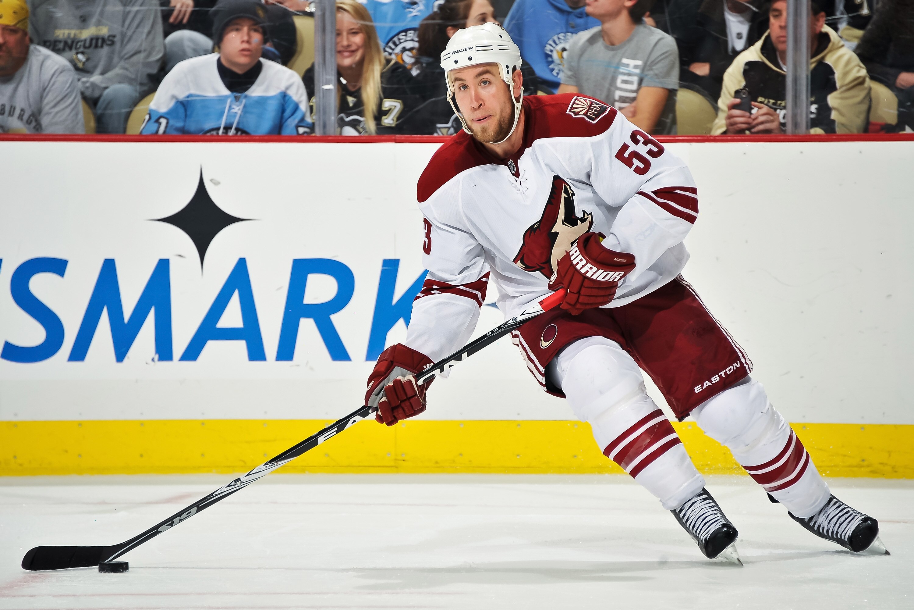 PITTSBURGH, PA - DECEMBER 20:  Derek Morris #53 of the Phoenix Coyotes skates with the puck against the Pittsburgh Penguins on December 20, 2010 at CONSOL Energy Center in Pittsburgh, Pennsylvania.  (Photo by Jamie Sabau/Getty Images)
