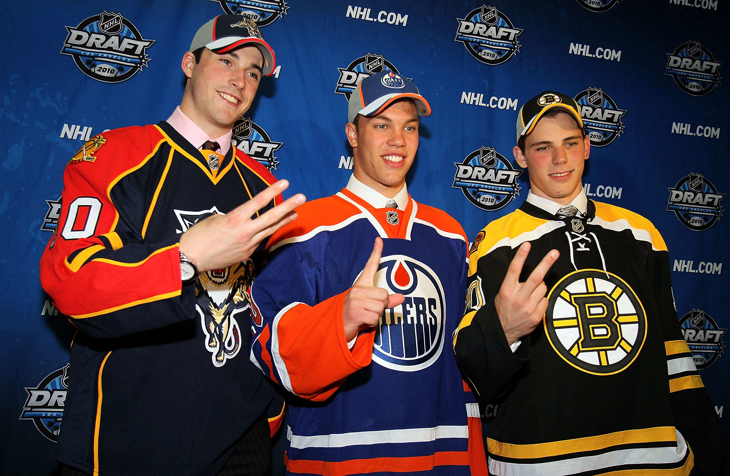 LOS ANGELES, CA - JUNE 25: (L-R) Erik Gudbranson, drafted third overall by the Florida Panthers, Taylor Hall, drafted #1 overall by the Edmonton Oilers and Tyler Seguin, drafted second overall by the Boston Bruins pose during the 2010 NHL Entry Draft at S