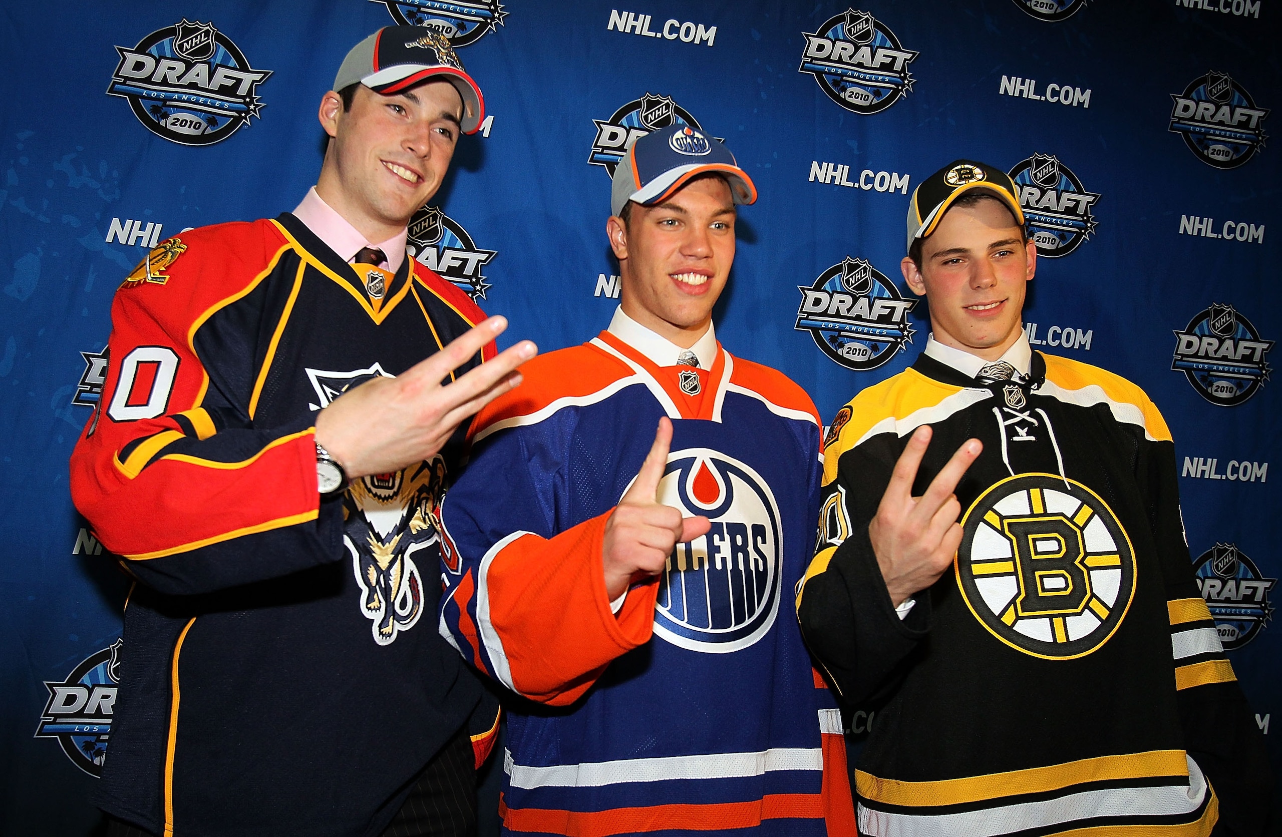 LOS ANGELES, CA - JUNE 25: (L-R) Erik Gudbranson, drafted third overall by the Florida Panthers, Taylor Hall, drafted #1 overall by the Edmonton Oilers and Tyler Seguin, drafted second overall by the Boston Bruins pose during the 2010 NHL Entry Draft at S