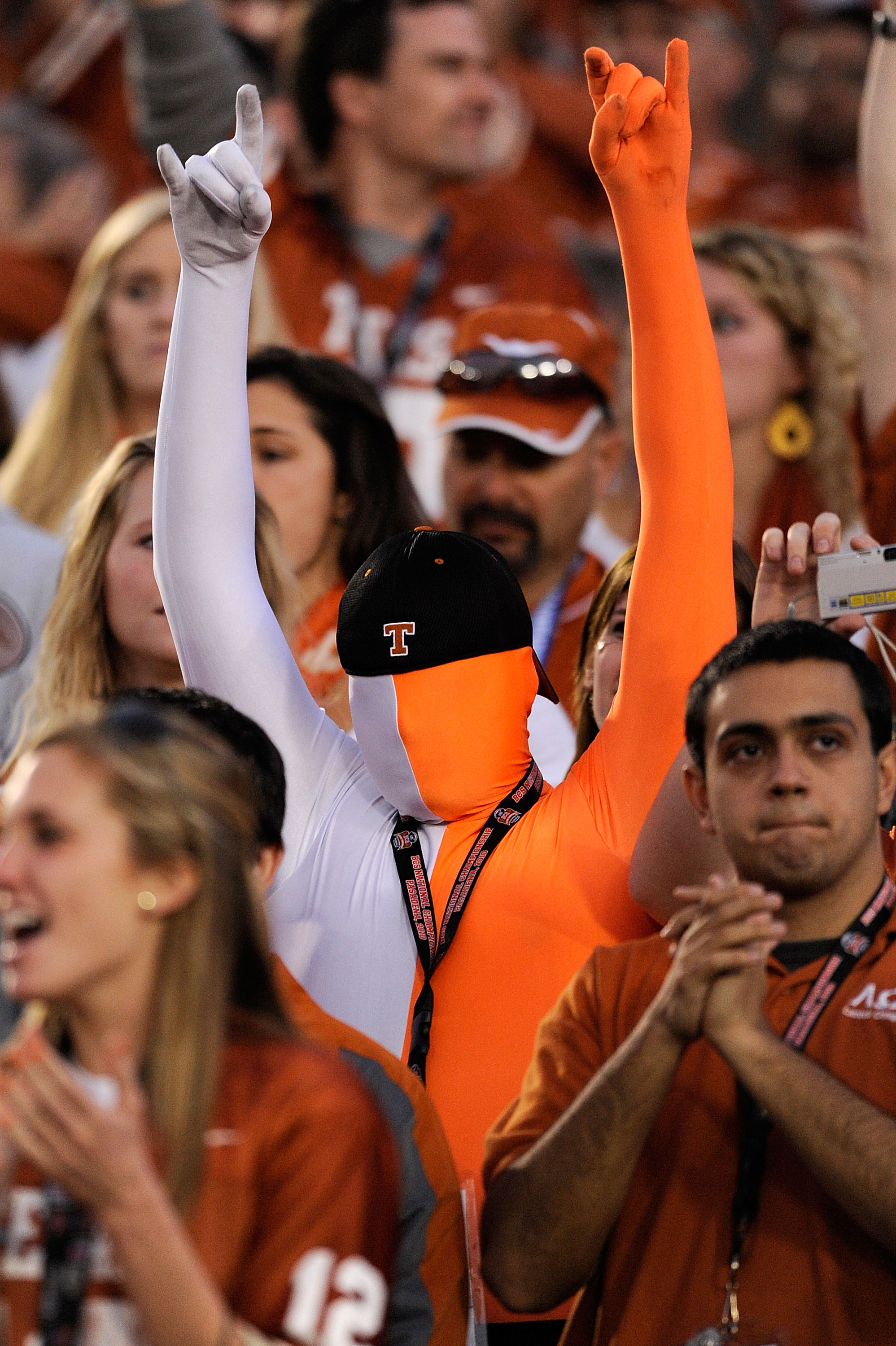 PASADENA, CA - JANUARY 07:  A fan of the Texas Longhorns cheers prior to the Citi BCS National Championship game between the Longhorns and the Alabama Crimson Tide at the Rose Bowl on January 7, 2010 in Pasadena, California.  (Photo by Kevork Djansezian/G