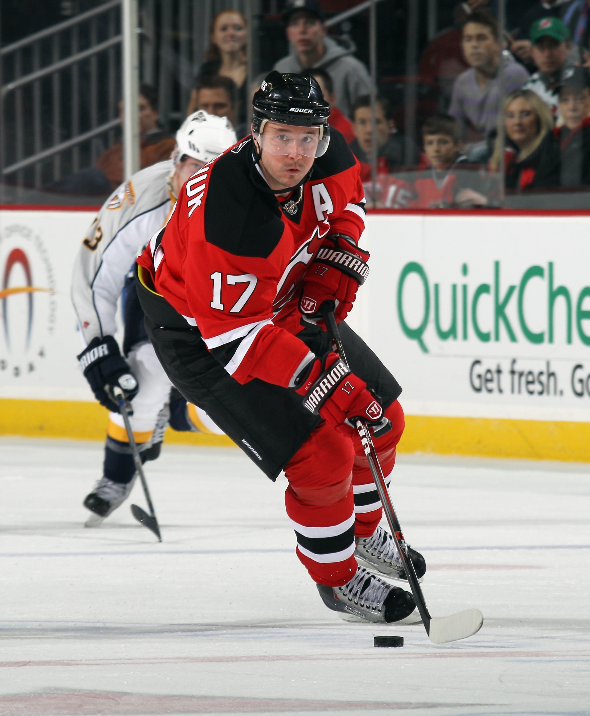 NEWARK, NJ - DECEMBER 17:  Ilya Kovalchuk #17 of the New Jersey Devils skates against the Nashville Predators at the Prudential Center on December 17, 2010 in Newark, New Jersey.  (Photo by Bruce Bennett/Getty Images)