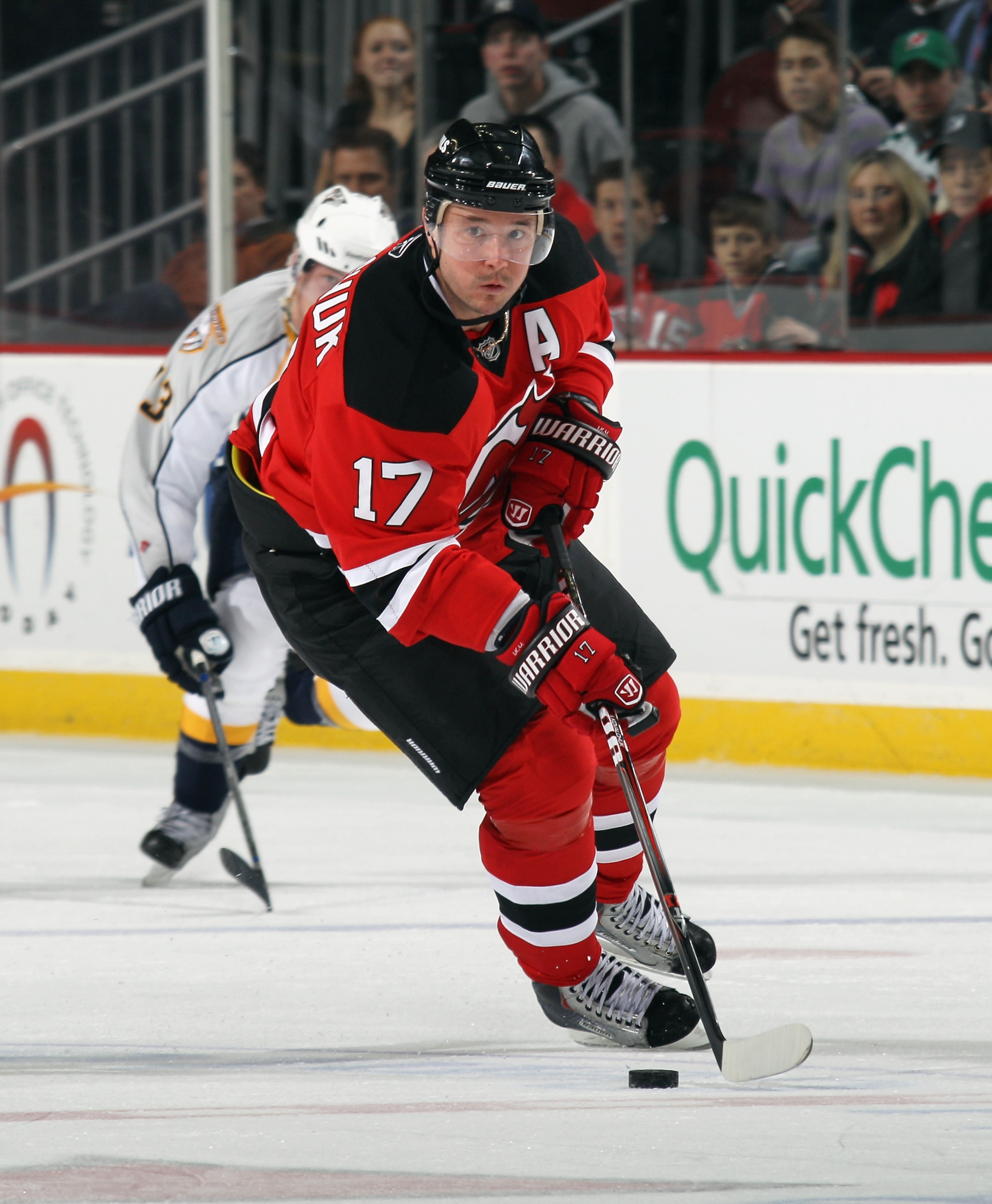 NEWARK, NJ - DECEMBER 17:  Ilya Kovalchuk #17 of the New Jersey Devils skates against the Nashville Predators at the Prudential Center on December 17, 2010 in Newark, New Jersey.  (Photo by Bruce Bennett/Getty Images)