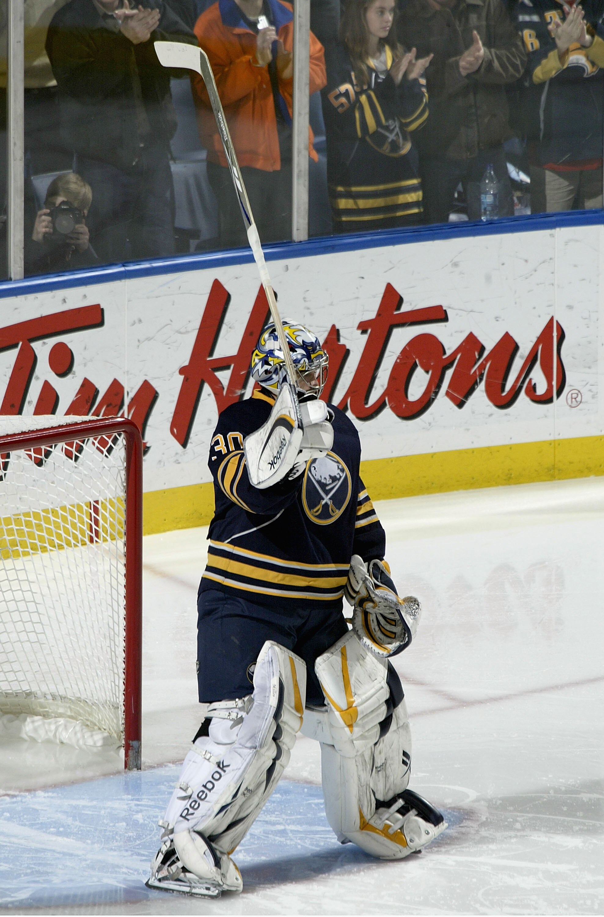 BUFFALO, NY - MARCH 03:  Ryan Miller #30 of the Buffalo Sabres acknowledges the applause as he is honored for his play during the XXI Winter Olympic Games, prior to playing the Washington Capitals at HSBC Arena on March 3, 2010 in Buffalo, New York.  (Pho