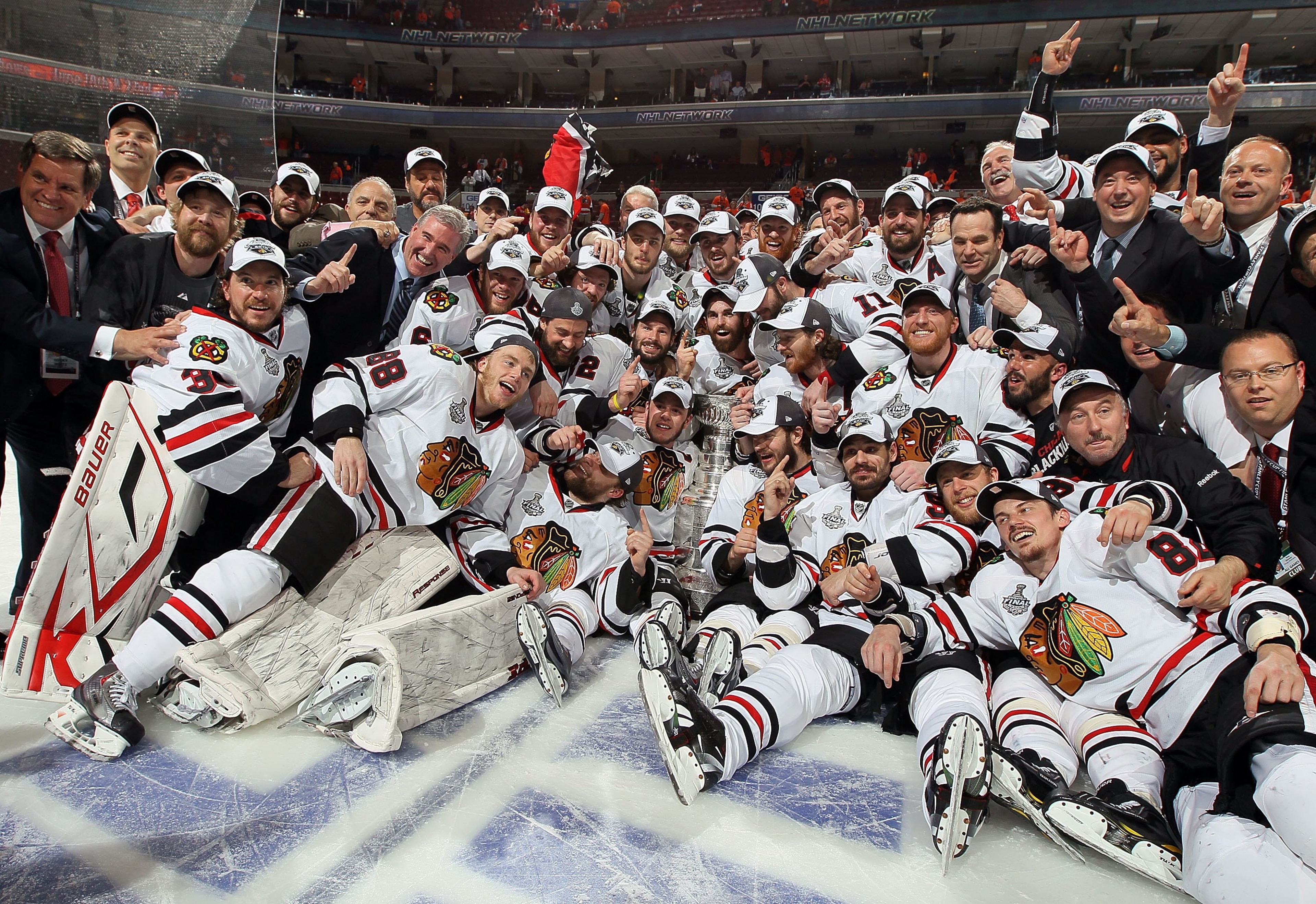 PHILADELPHIA - JUNE 09: The Chicago Blackhawks pose for a team photo after defeating the Philadelphia Flyers 4-3 in overtime and win the Stanley Cup in Game Six of the 2010 NHL Stanley Cup Final at the Wachovia Center on June 9, 2010 in Philadelphia, Pen PHILADELPHIA - JUNE 09: The Chicago Blackhawks pose for a team photo after defeating the Philadelphia Flyers 4-3 in overtime and win the Stanley Cup in Game Six of the 2010 NHL Stanley Cup Final at the Wachovia Center on June 9, 2010 in Philadelphia, Pen