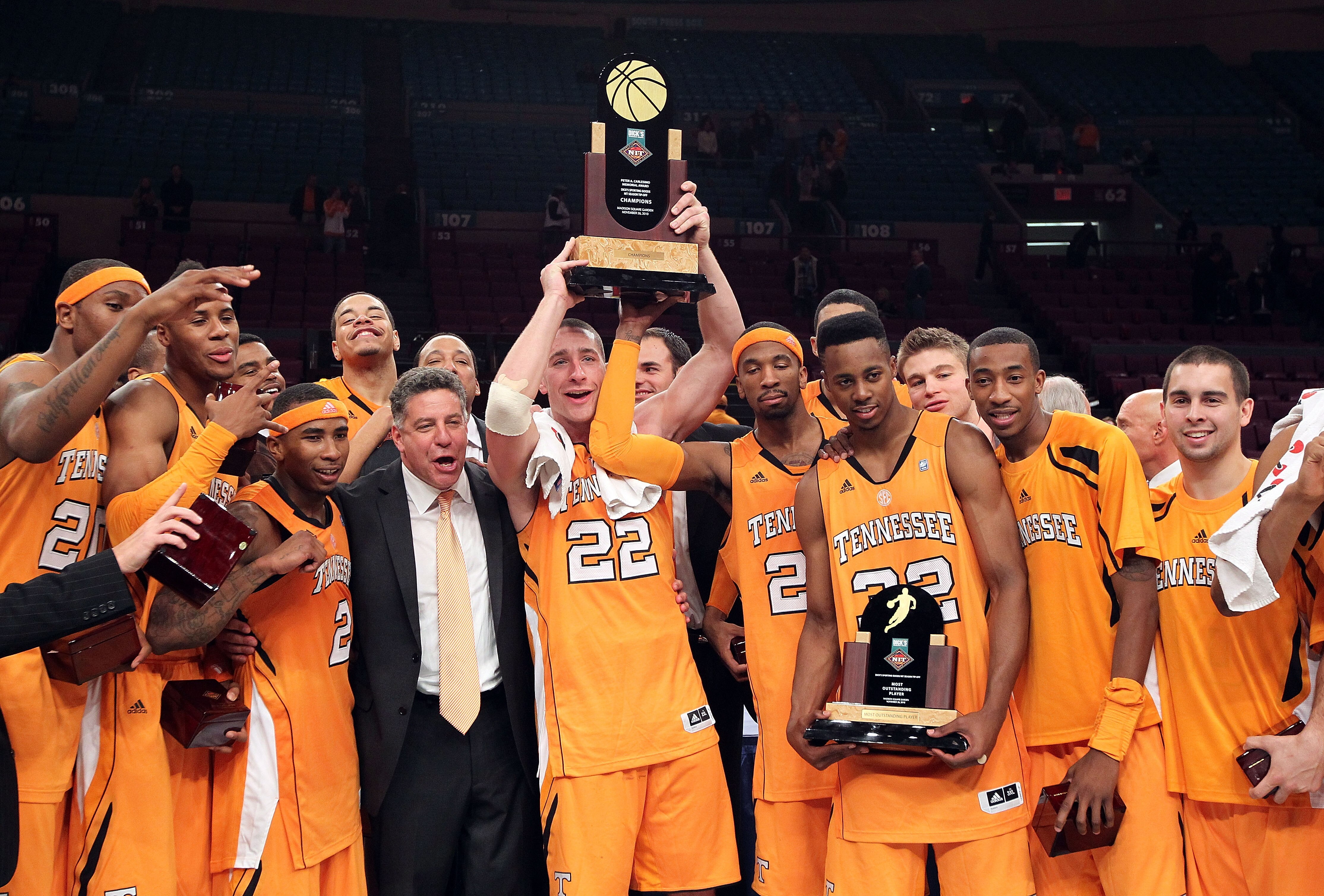 NEW YORK - NOVEMBER 26: The Tennessee Volunteers  celebrate defeating the Villanova Wildcats  during the Championship game at Madison Square Garden on November 26, 2010 in New York City.  (Photo by Nick Laham/Getty Images)