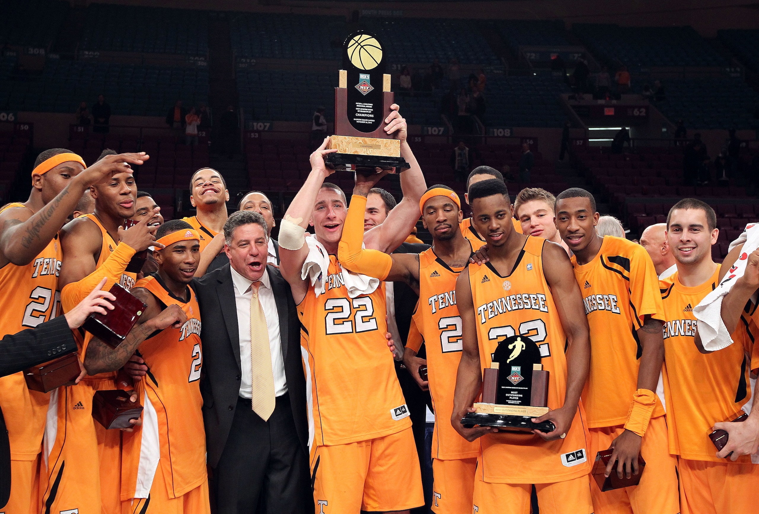 NEW YORK - NOVEMBER 26: The Tennessee Volunteers  celebrate defeating the Villanova Wildcats  during the Championship game at Madison Square Garden on November 26, 2010 in New York City.  (Photo by Nick Laham/Getty Images)