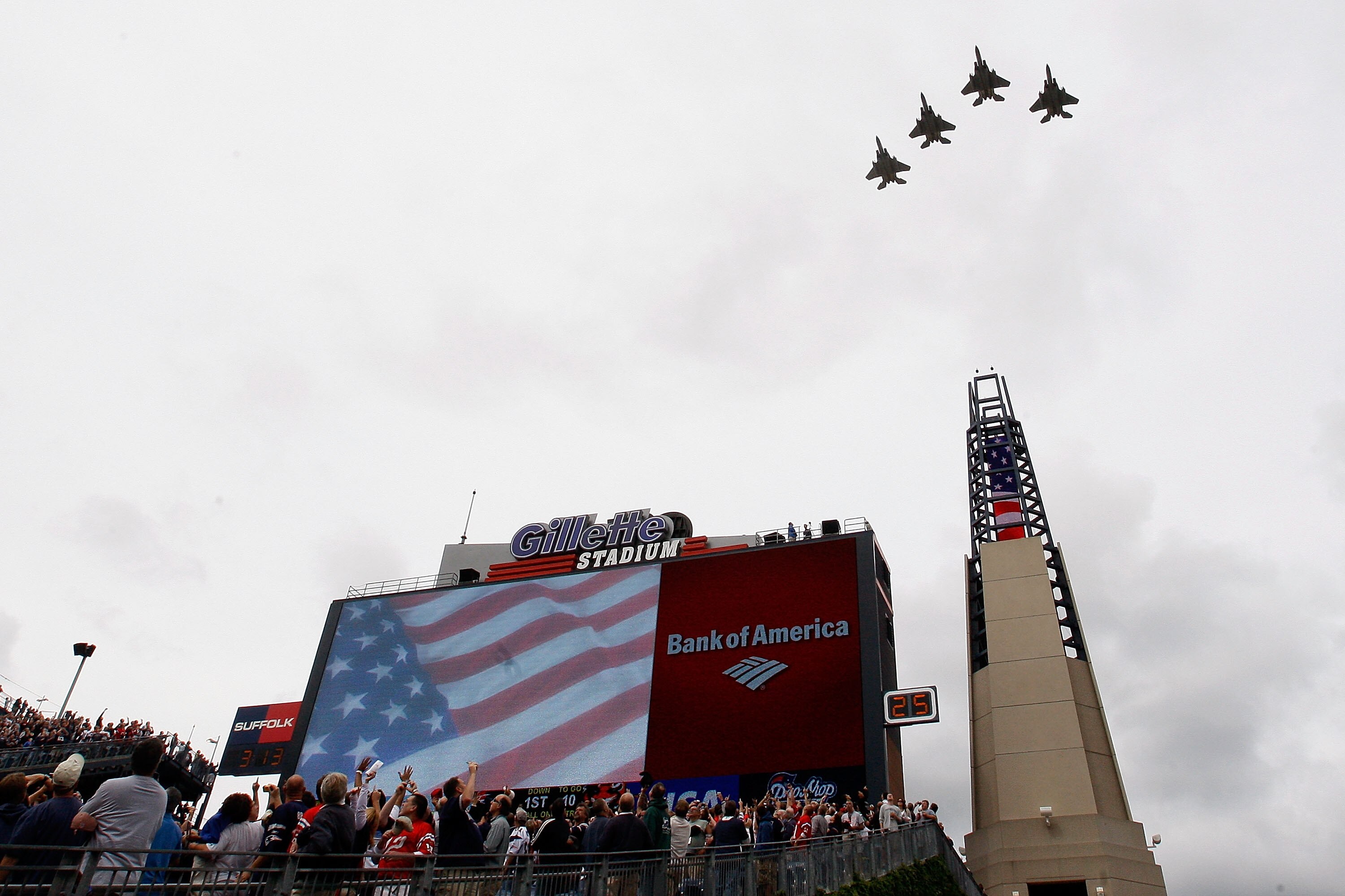 FOXBORO, MA - SEPTEMBER 12:  Jets fly over the football field before a game between he New England Patriots and the Cincinnati Bengals at Gillette Stadium on September 12, 2010 in Foxboro, Massachusetts. (Photo by Jim Rogash/Getty Images)