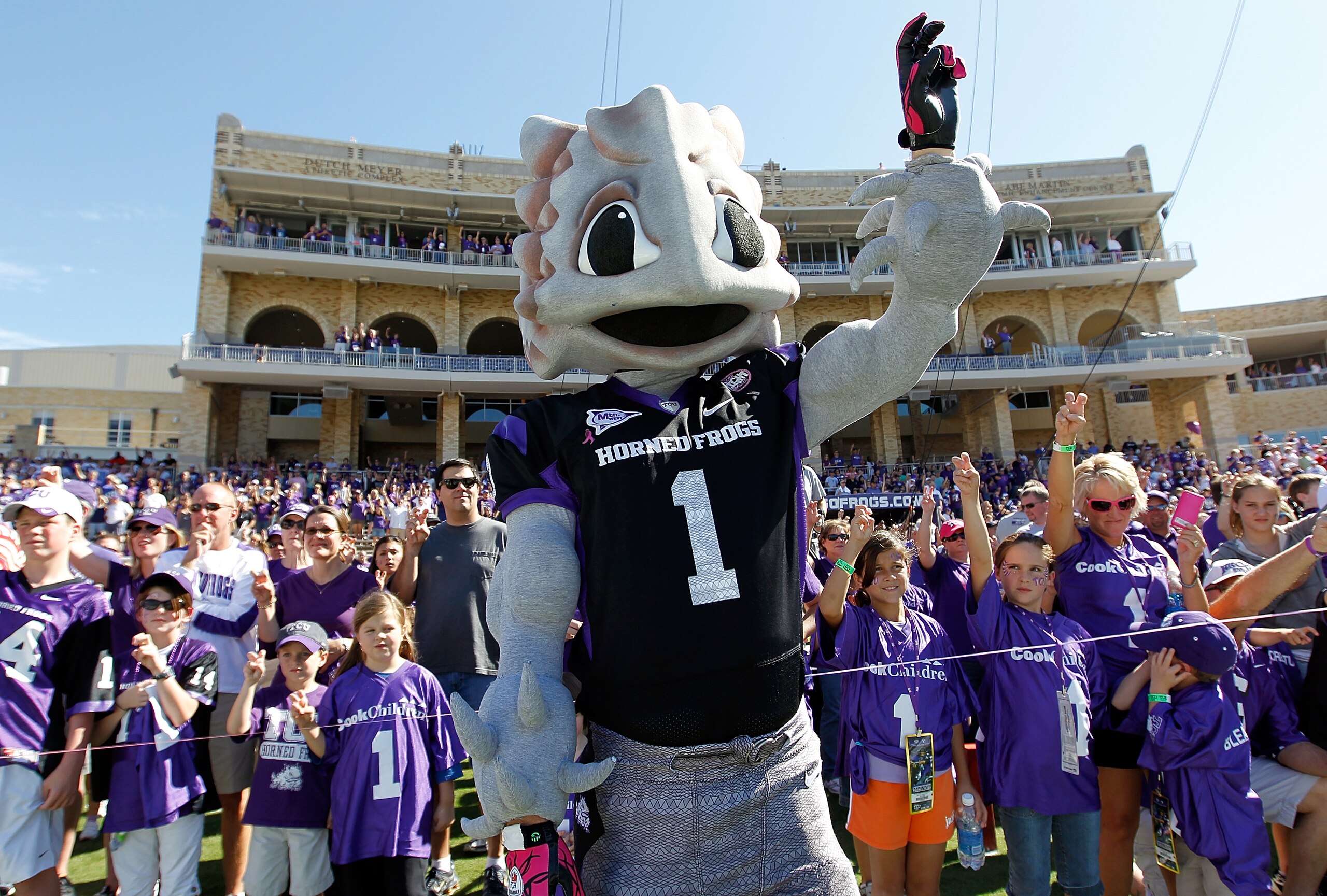 FORT WORTH, TX - OCTOBER 16: Superfrog, the TCU Horned Frogs mascot, stands on the field as TCU takes to the field against the BYU Cougars at Amon G. Carter Stadium on October 16, 2010 in Fort Worth, Texas.  TCU beat BYU 31-3.  (Photo by Tom Pennington/Ge