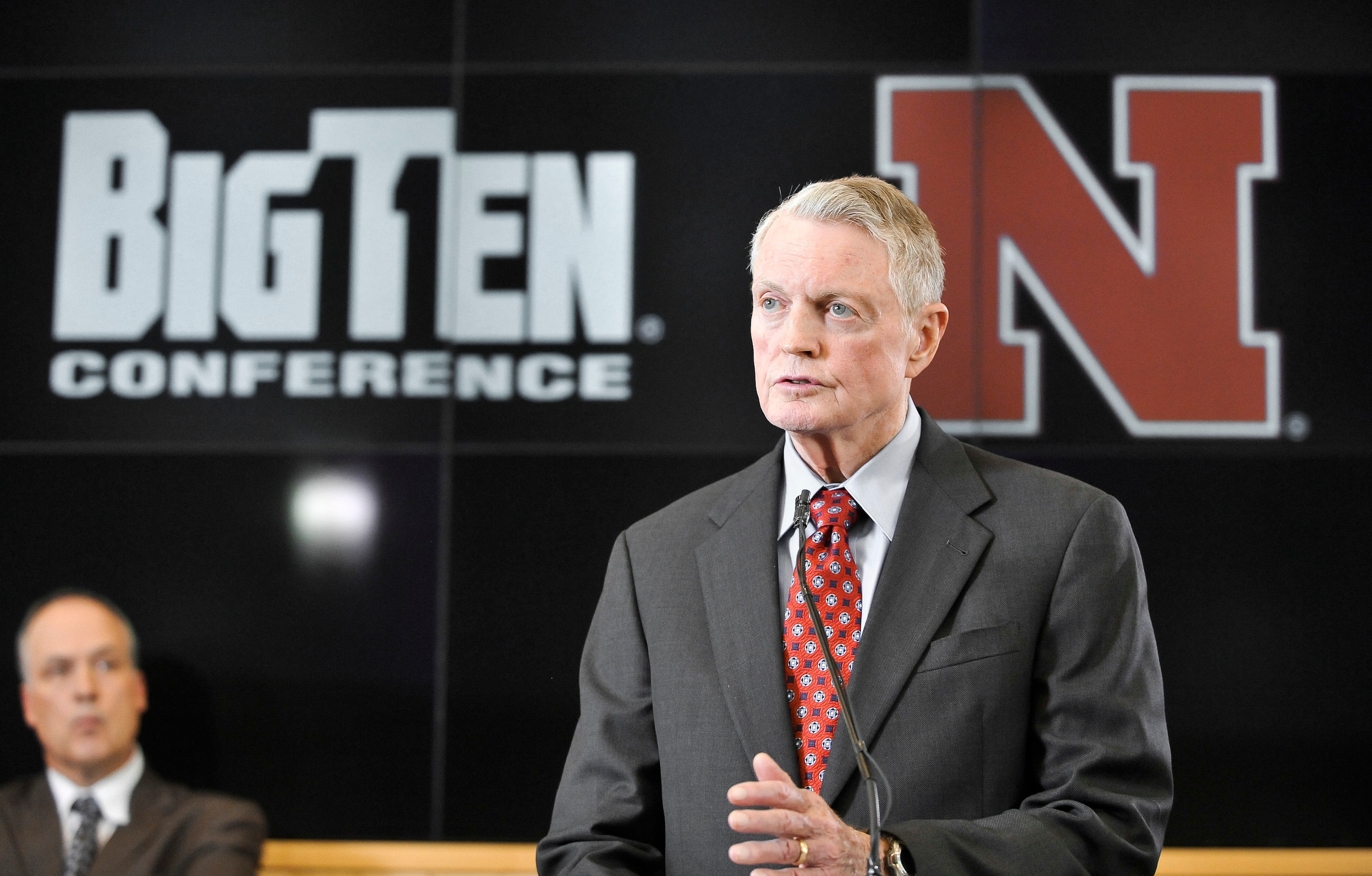 LINCOLN, NE  - JUNE 11: University of Nebraska Athletic Director Tom Osbourne informs members of the media that the University of Nebraska has been accepted into the Big Ten conference  June 11, 2010 in Lincoln, Nebraska.  The university will begin integr