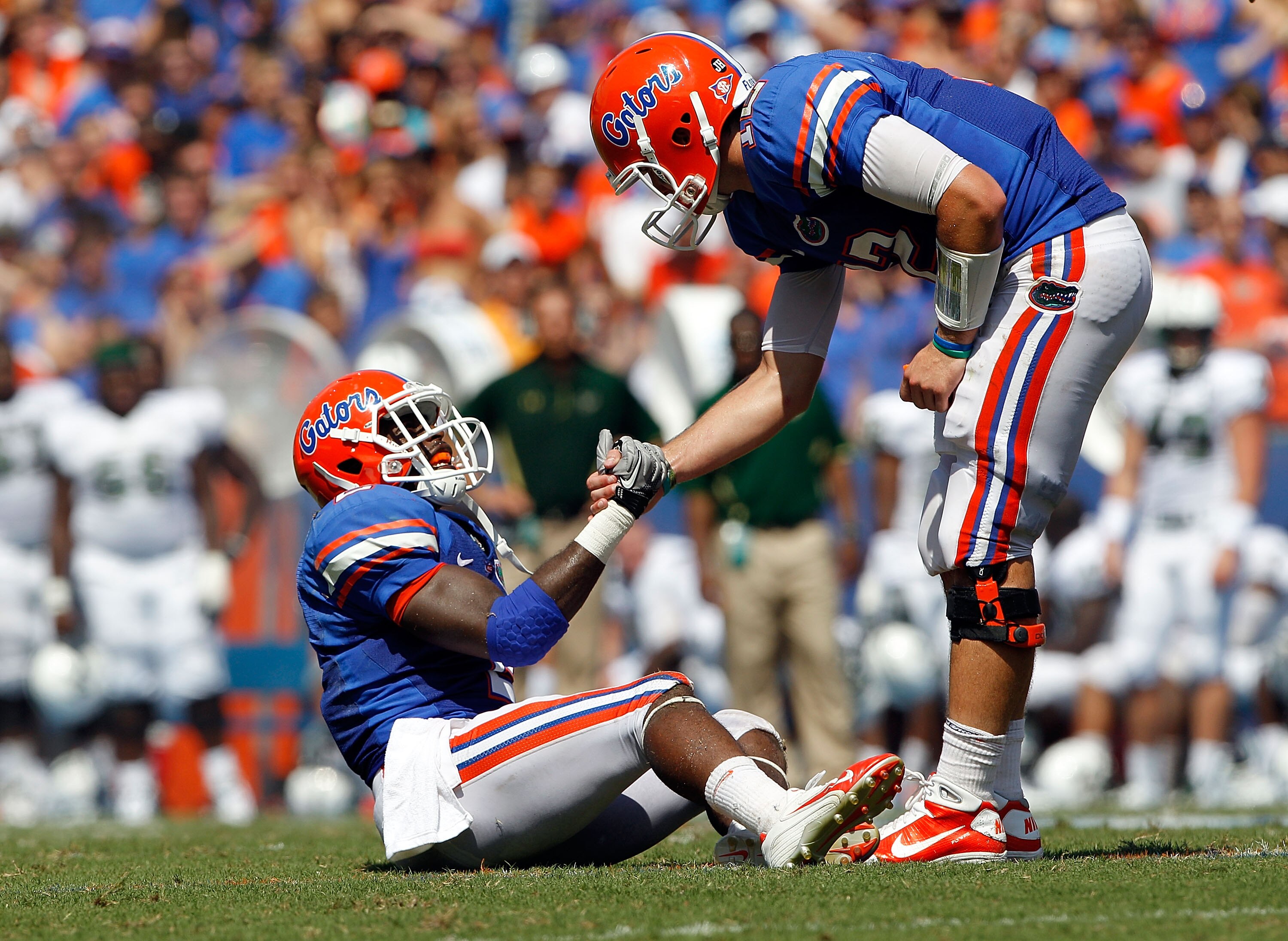 GAINESVILLE, FL - SEPTEMBER 11:  Quarterback John Brantley (R) #12 of the Florida Gators grabs the hand of Jeffery Demps #12 during a game against the South Florida Bulls at Ben Hill Griffin Stadium on September 11, 2010 in Gainesville, Florida.  (Photo b