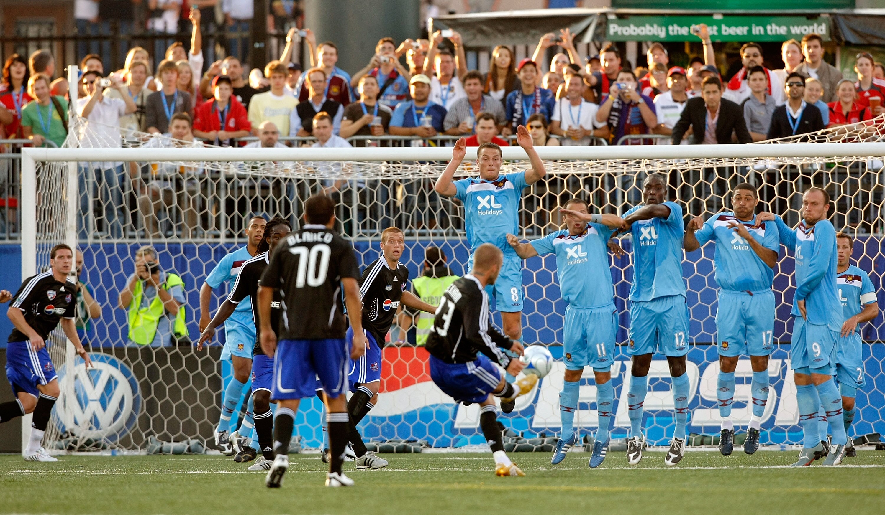 TORONTO - JULY 24: Midfielder #23 David Beckham of L.A. Galaxy takes a free kick during the 2008 Pepsi MLS All Star Game between the MLS All Stars and West Ham United at BMO Field on July 24, 2008 in Toronto, Canada.  (Photo by Dave Sandford/Getty Images)