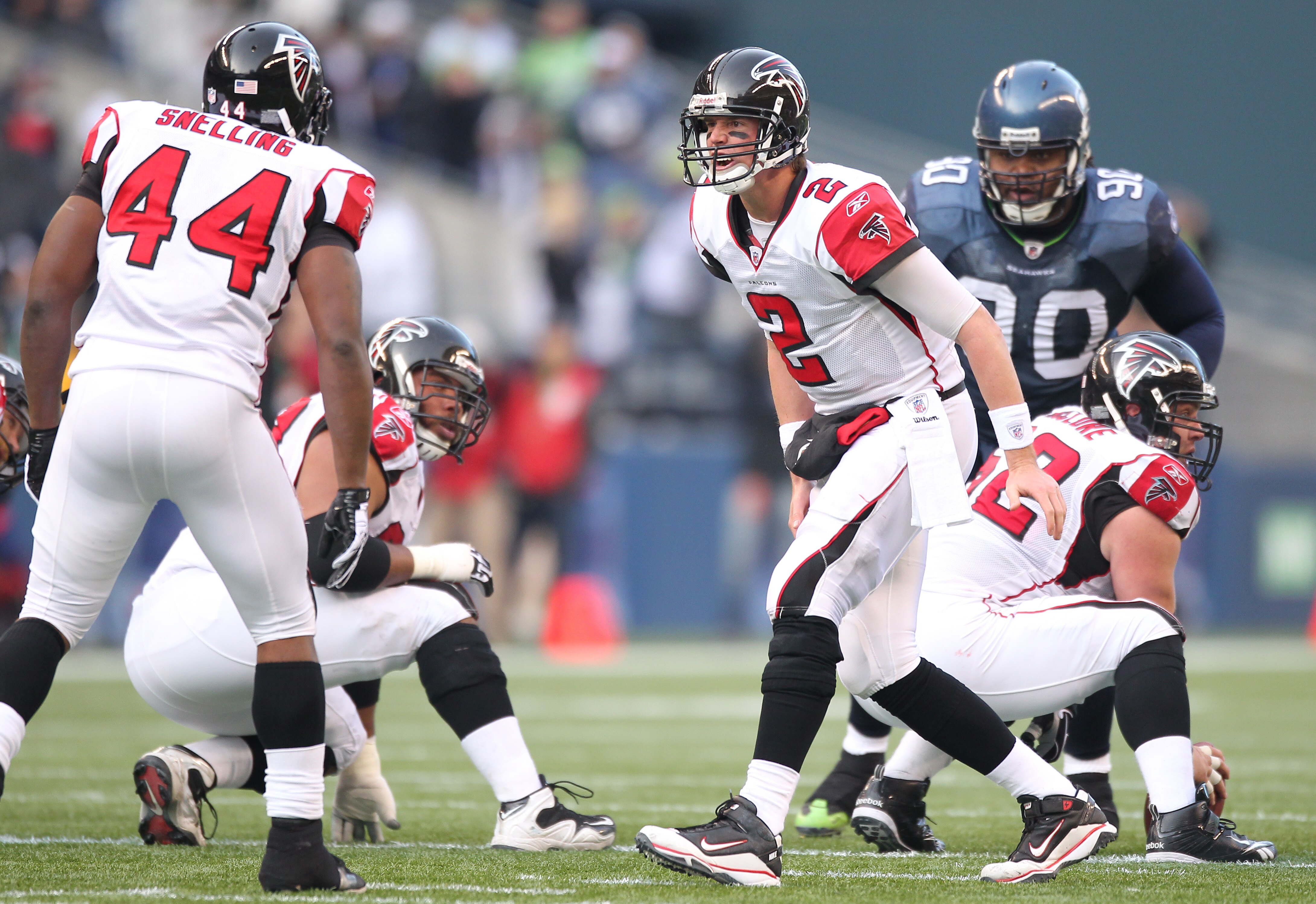 SEATTLE, WA - DECEMBER 19:  Quarterback Matt Ryan #2 of the Atlanta Falcons audibles to Jason Snelling #44 during the game against the Seattle Seahawks at Qwest Field on December 19, 2010 in Seattle, Washington. (Photo by Otto Greule Jr/Getty Images)